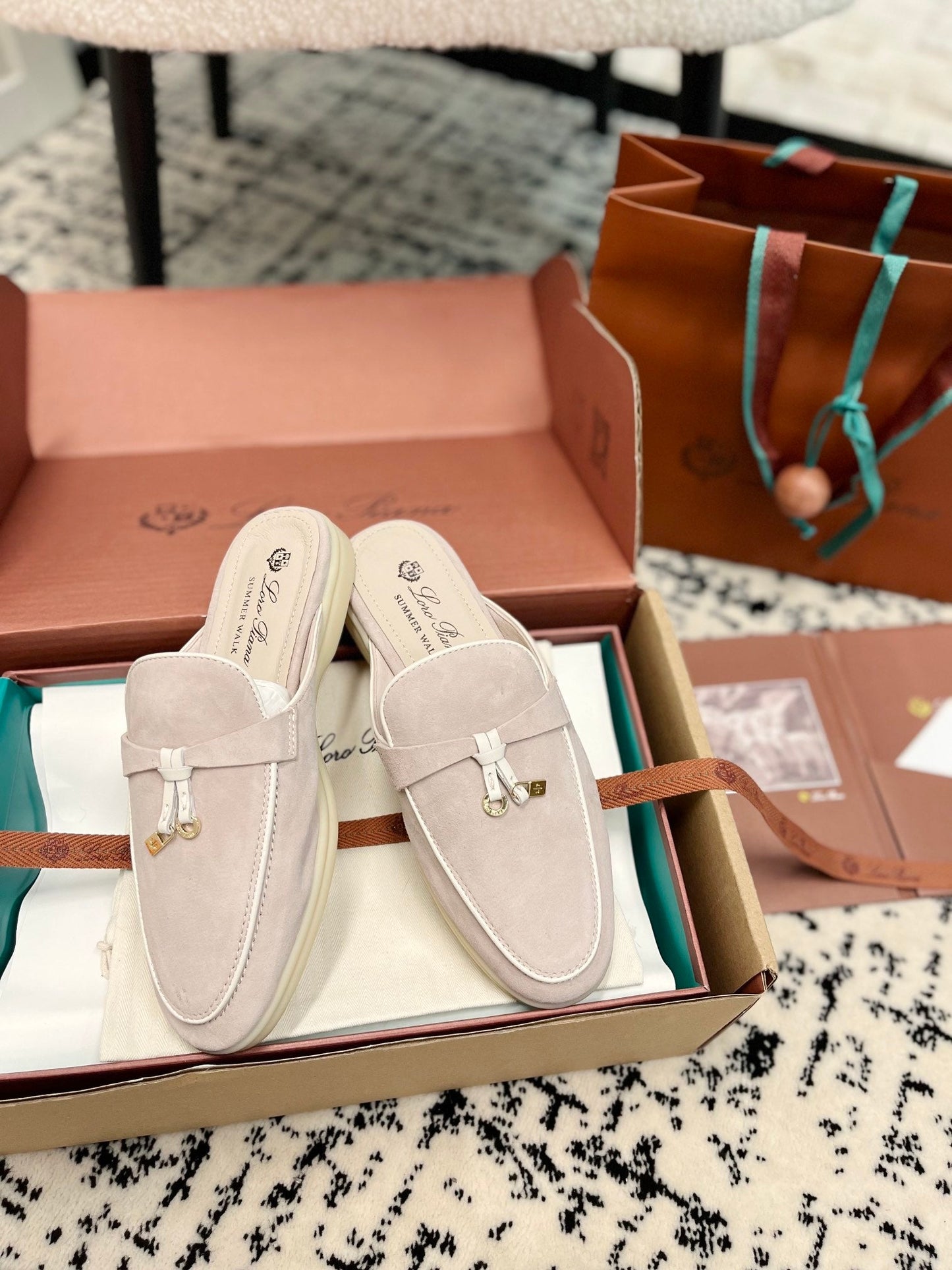 Loro Piana Light Grey White Suede Charms Walk Flat Mules - 35