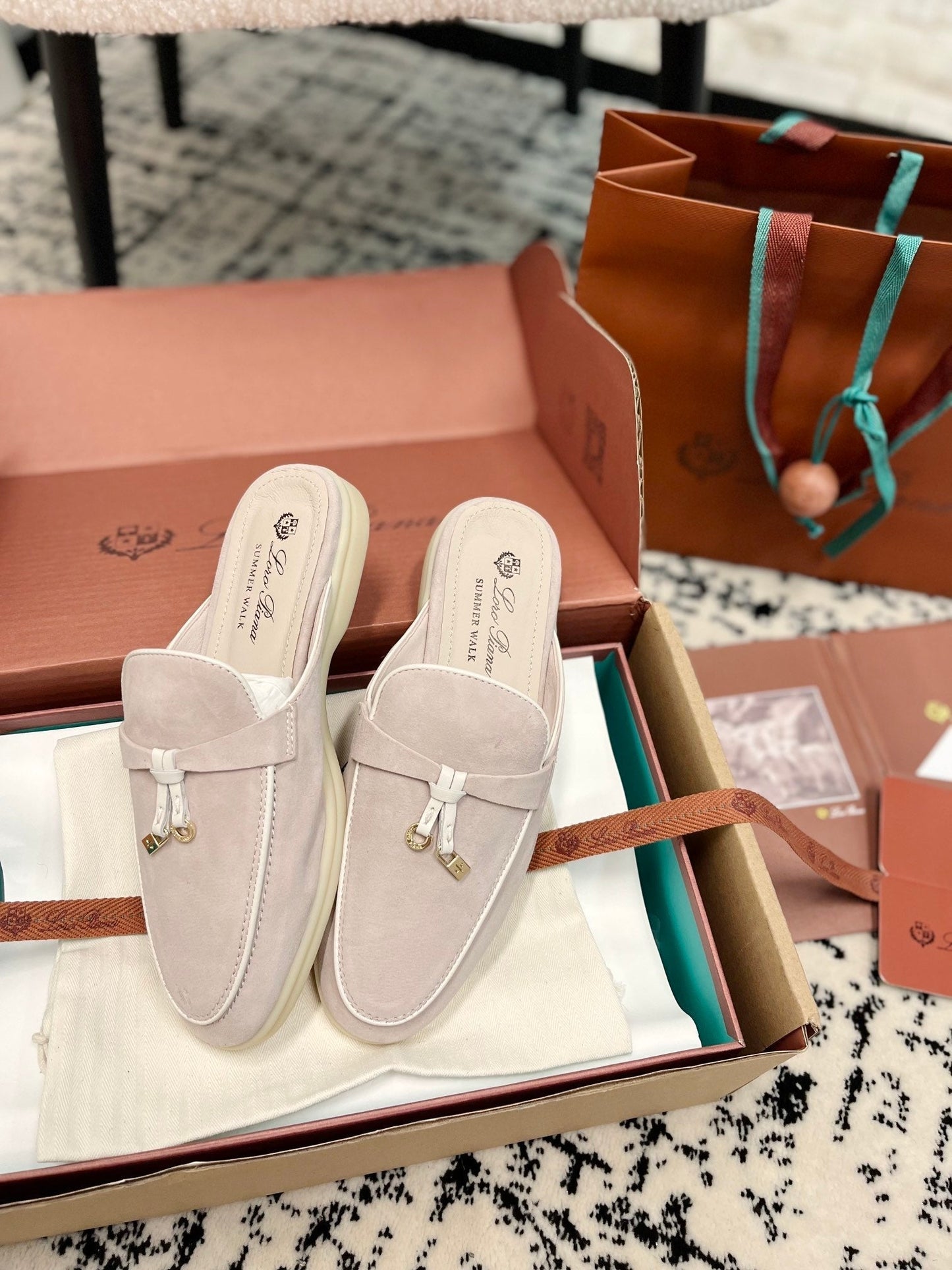 Loro Piana Light Grey White Suede Charms Walk Flat Mules - 35