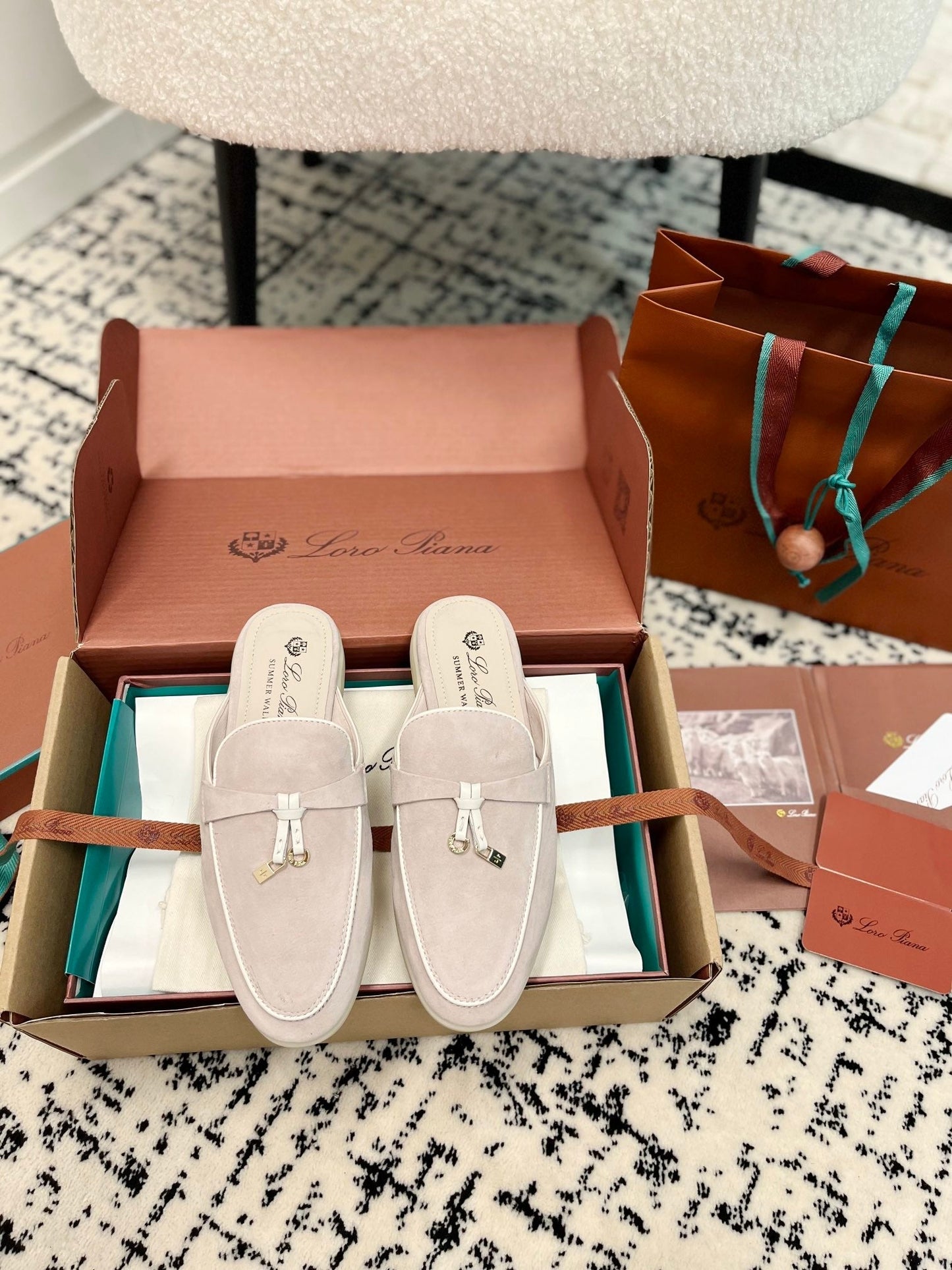 Loro Piana Light Grey White Suede Charms Walk Flat Mules - 35