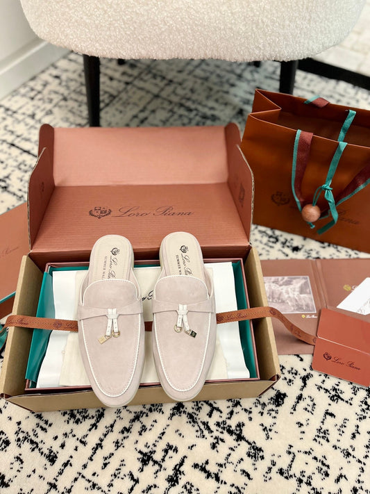 Loro Piana Light Grey White Suede Charms Walk Flat Mules - 35