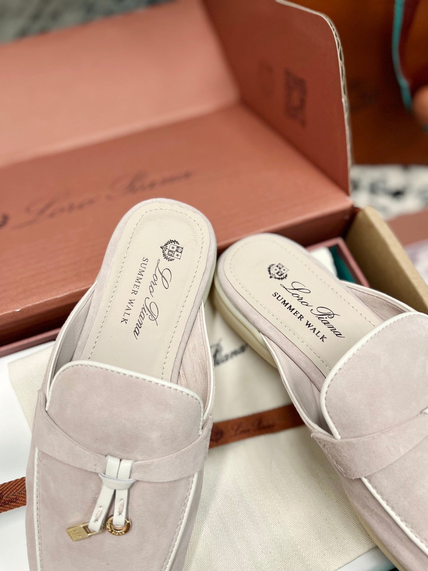 Loro Piana Light Grey White Suede Charms Walk Flat Mules - 35
