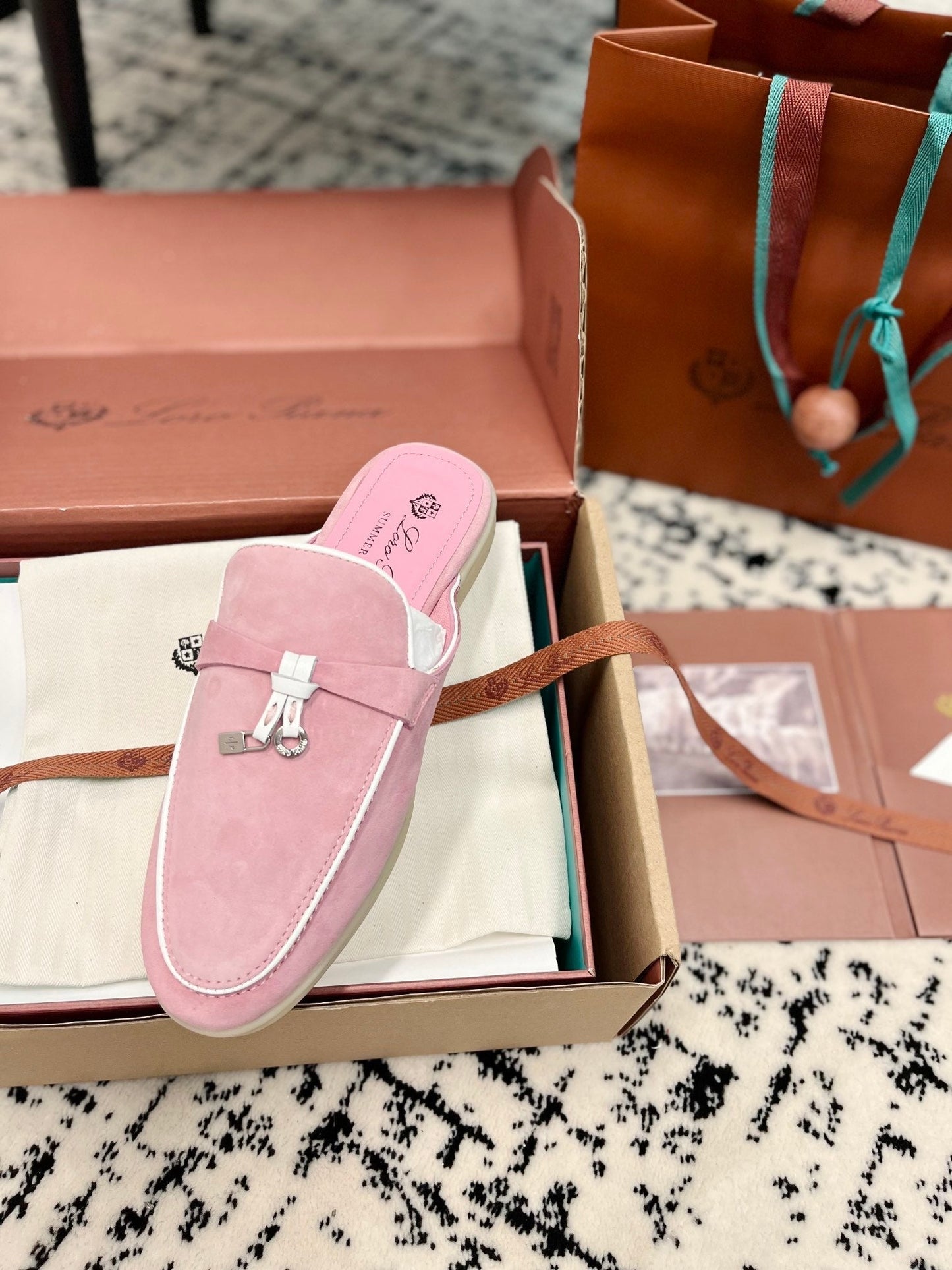Loro Piana Pink Suede Charms Walk Flat Mules - 35