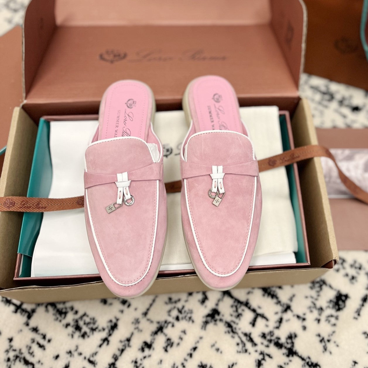 Loro Piana Pink Suede Charms Walk Flat Mules - 35