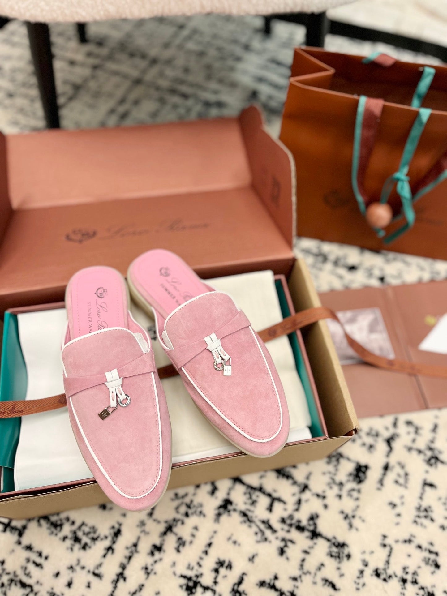 Loro Piana Pink Suede Charms Walk Flat Mules - 35