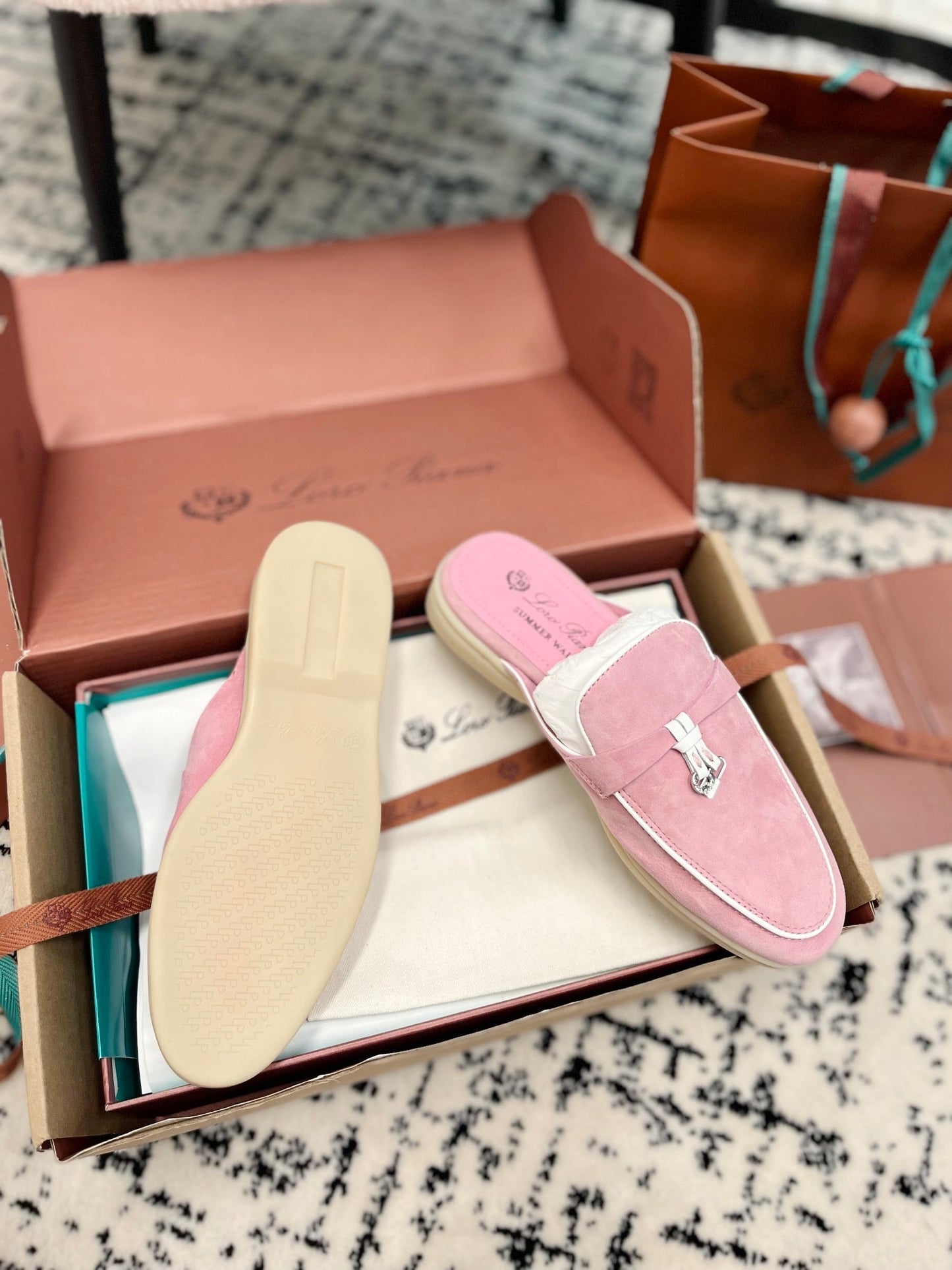 Loro Piana Pink Suede Charms Walk Flat Mules - 35