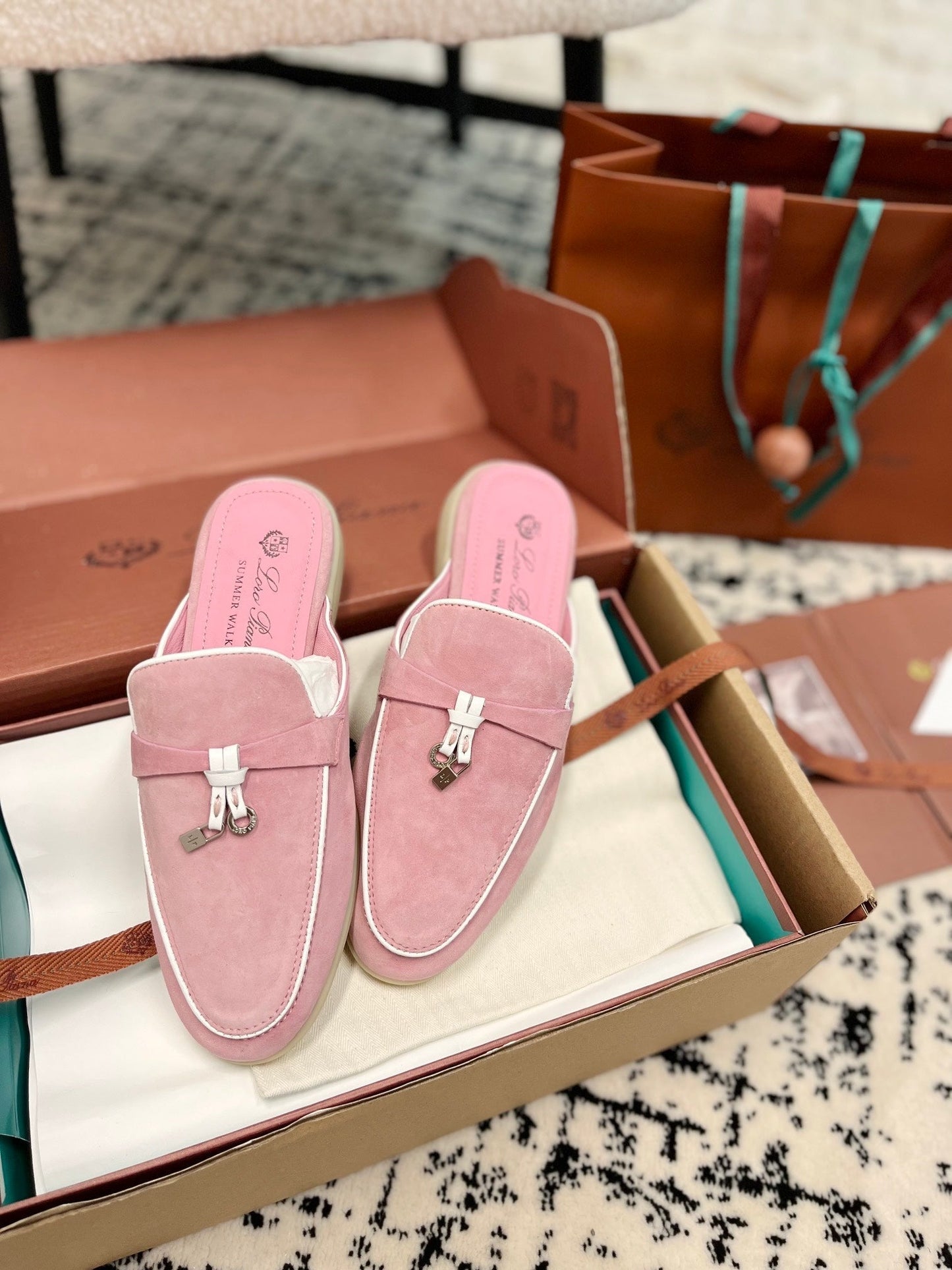 Loro Piana Pink Suede Charms Walk Flat Mules - 35