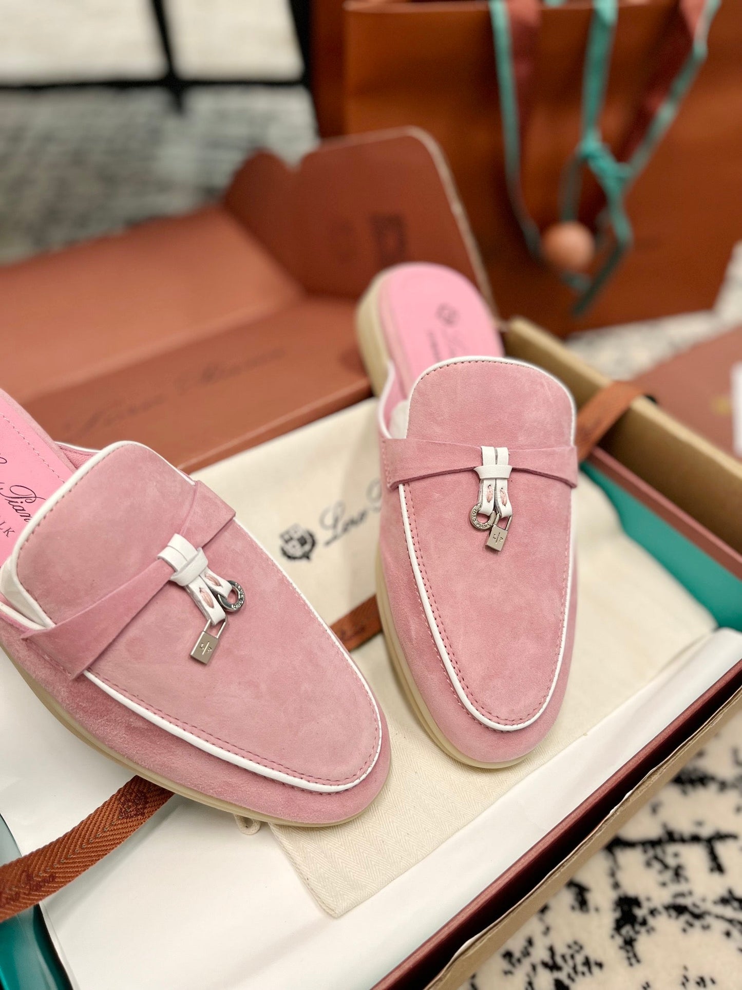 Loro Piana Pink Suede Charms Walk Flat Mules - 35