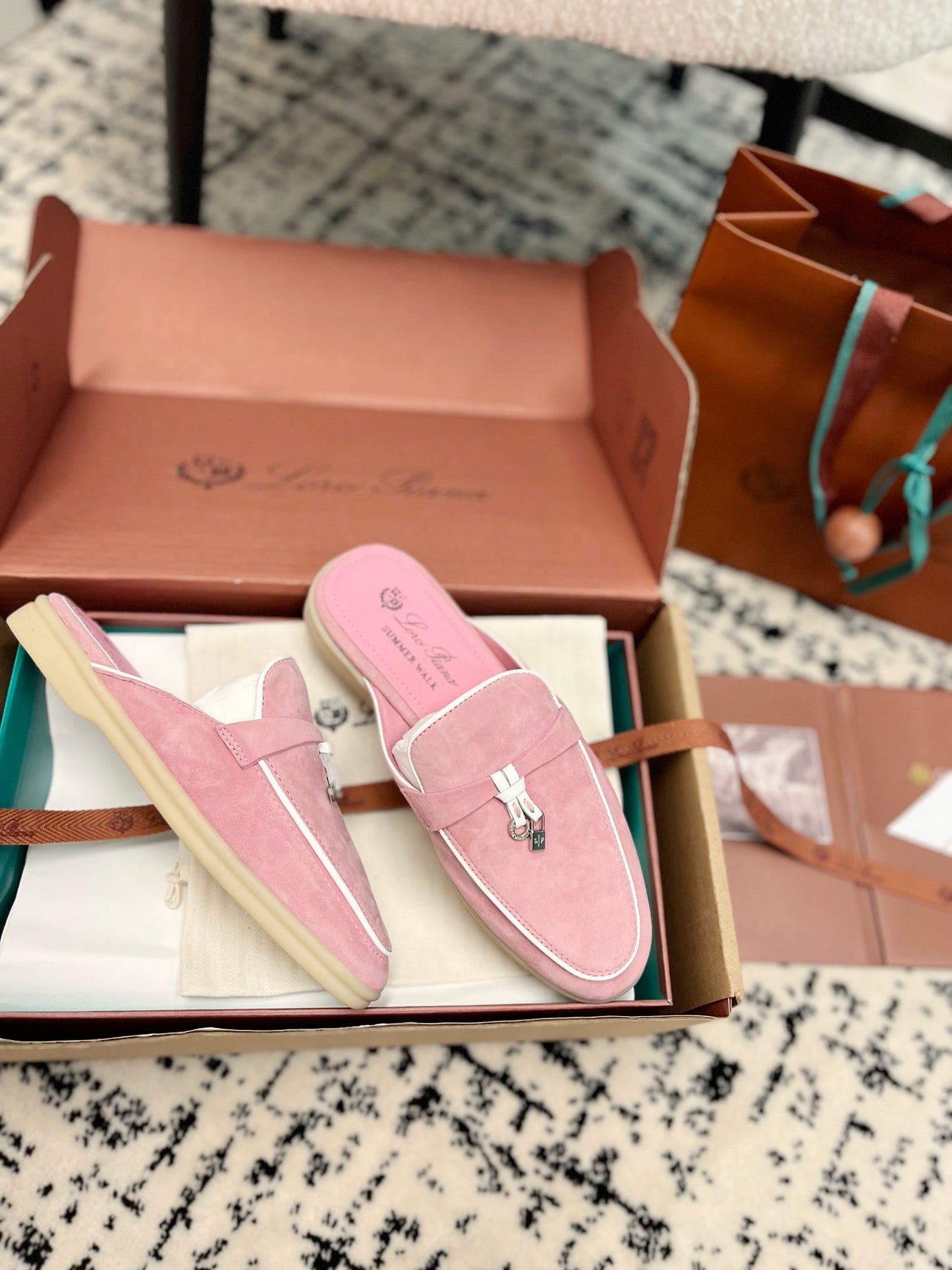 Loro Piana Pink Suede Charms Walk Flat Mules - 35