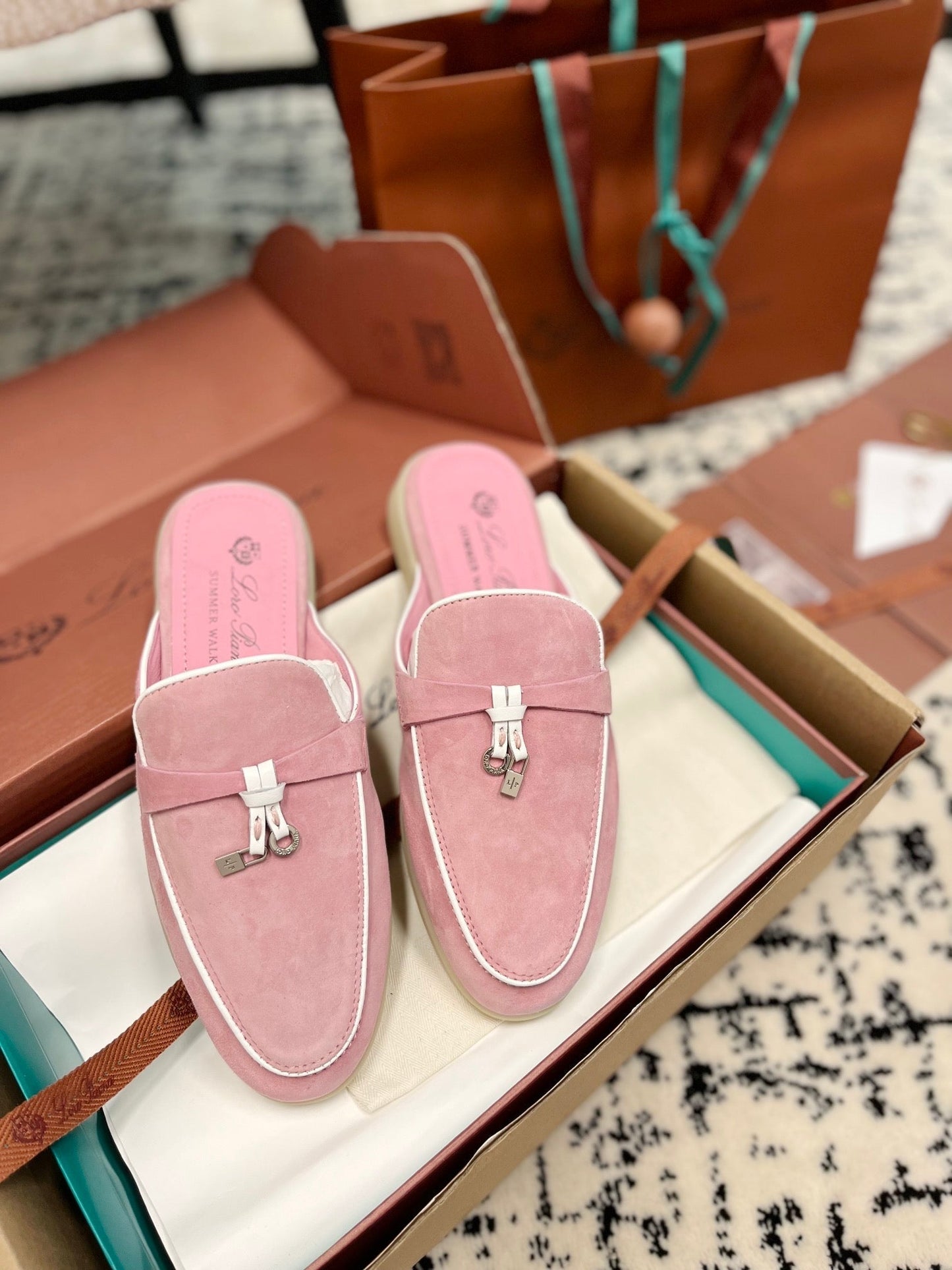 Loro Piana Pink Suede Charms Walk Flat Mules - 35