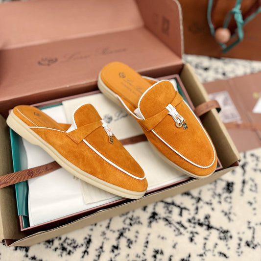 Loro Piana Carrot White Suede Charms Walk Flat Mules - 35