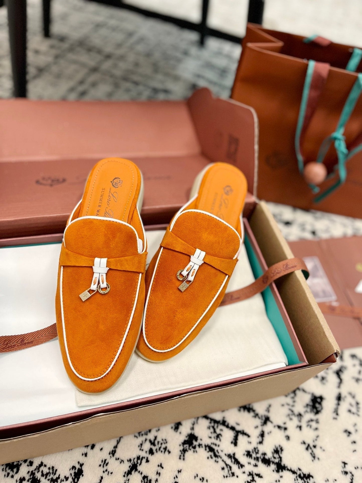 Loro Piana Carrot White Suede Charms Walk Flat Mules - 35