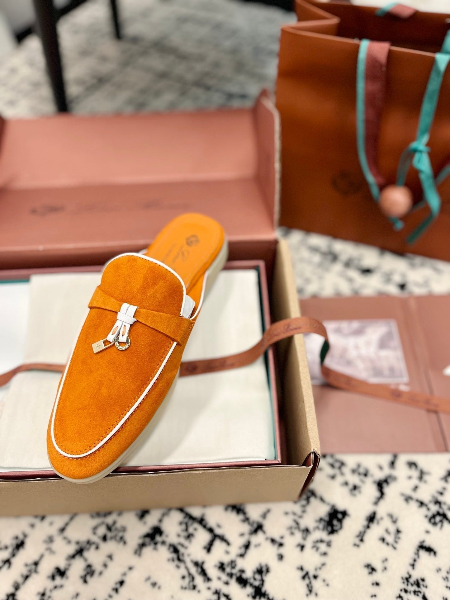 Loro Piana Carrot White Suede Charms Walk Flat Mules - 35