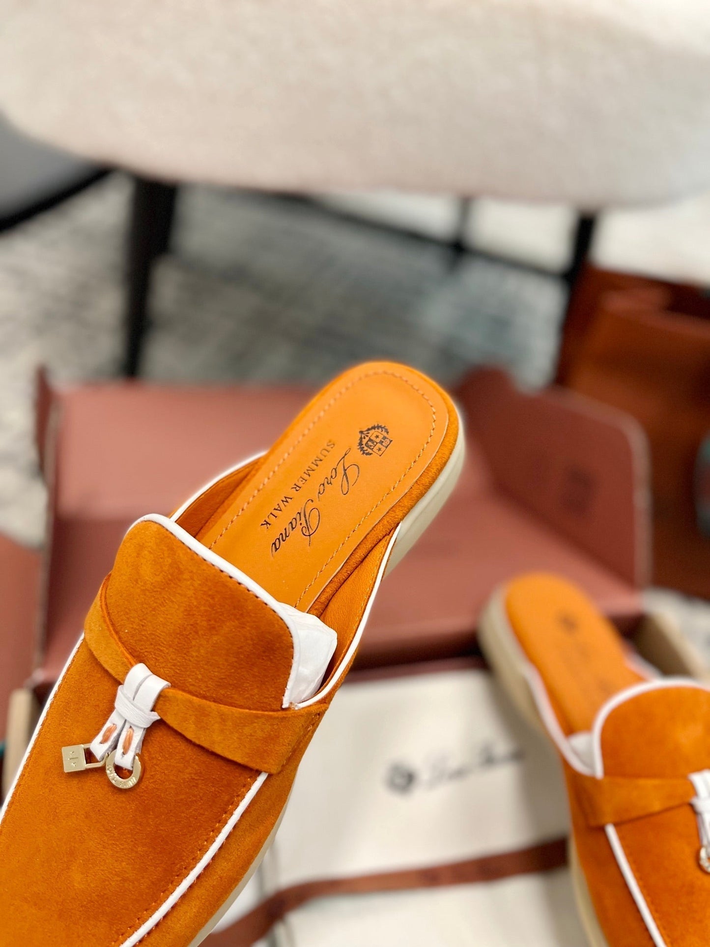 Loro Piana Carrot White Suede Charms Walk Flat Mules - 35