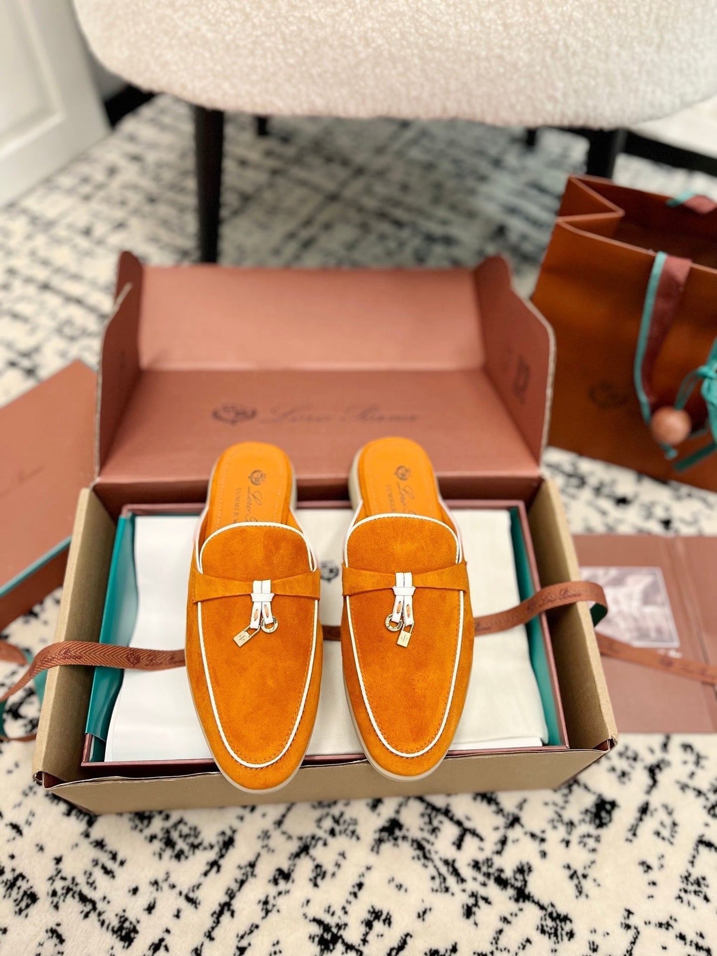 Loro Piana Carrot White Suede Charms Walk Flat Mules - 35