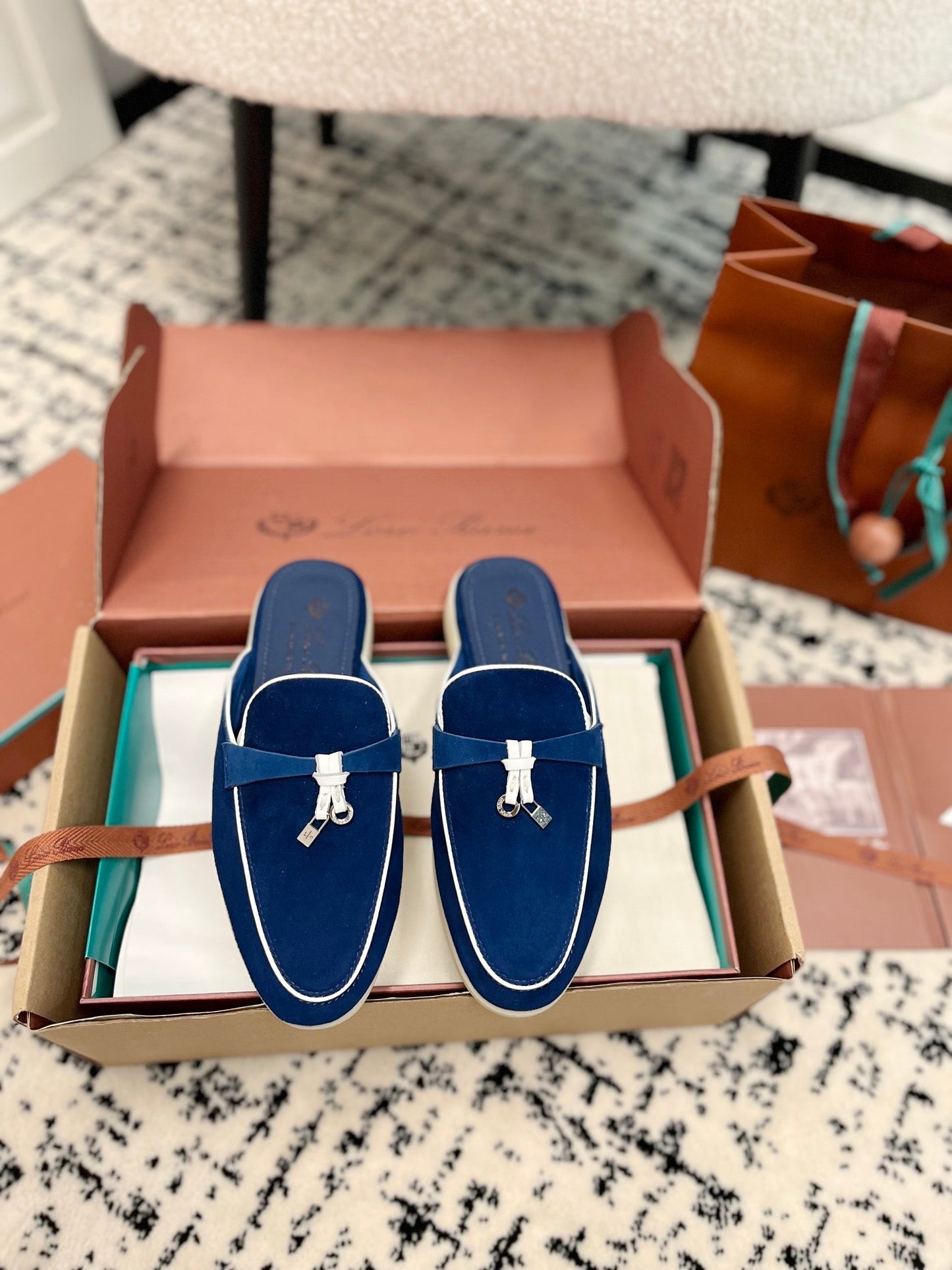 Loro Piana Dark Blue White Suede Charms Walk Flat Mules - 35