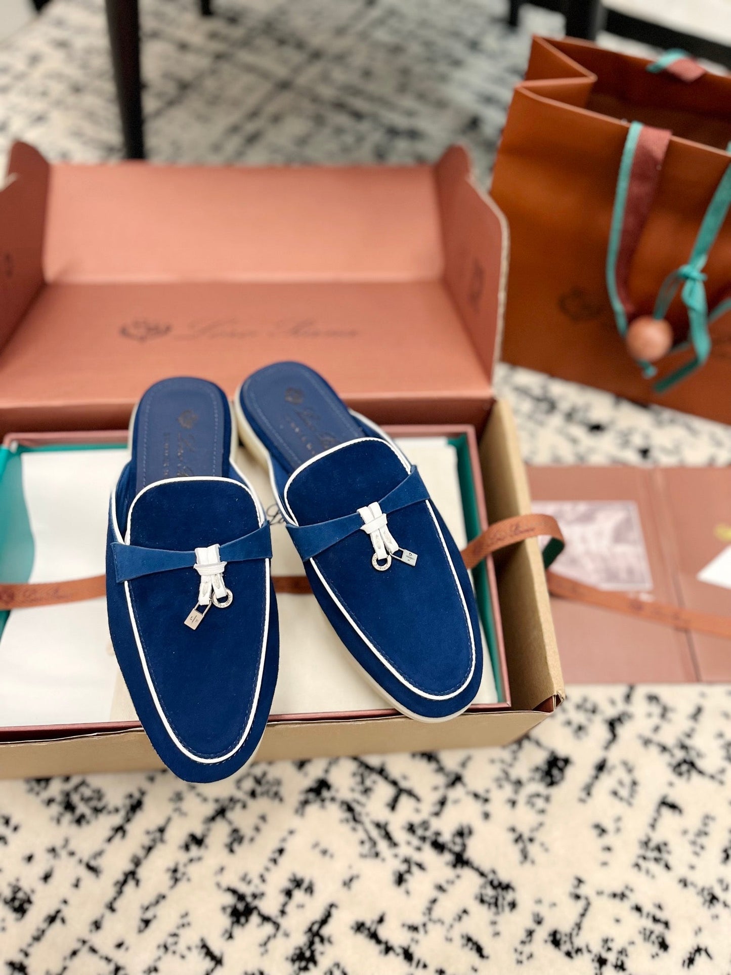 Loro Piana Dark Blue White Suede Charms Walk Flat Mules - 35