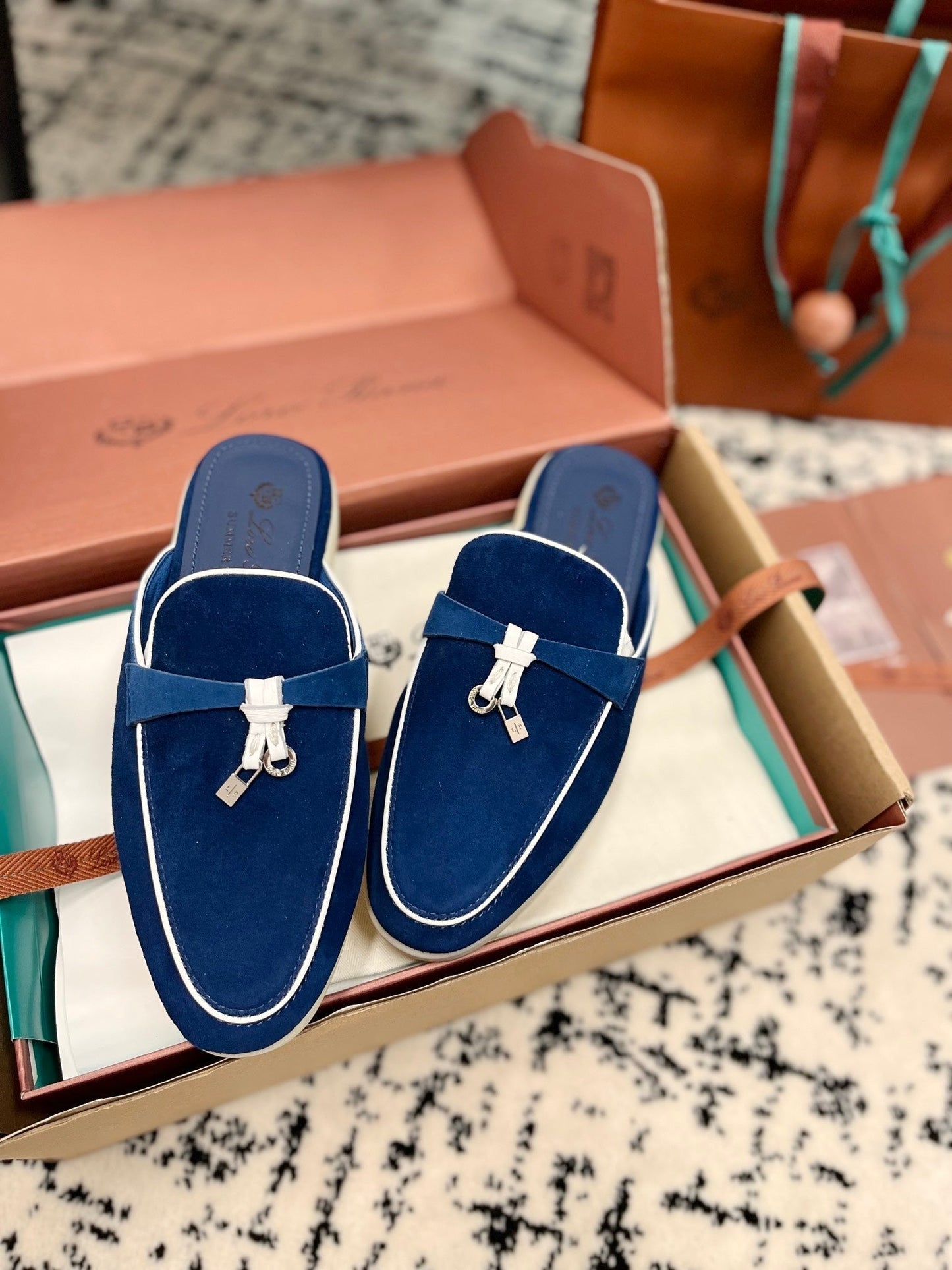Loro Piana Dark Blue White Suede Charms Walk Flat Mules - 35