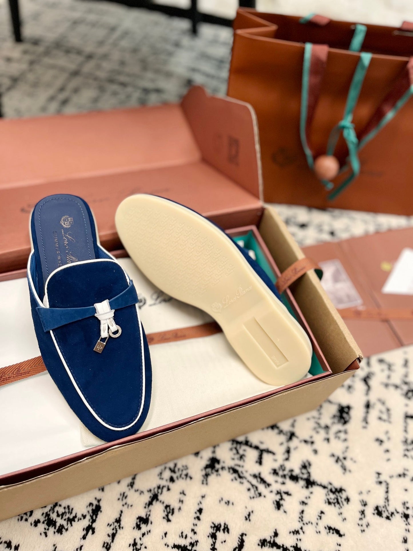 Loro Piana Dark Blue White Suede Charms Walk Flat Mules - 35