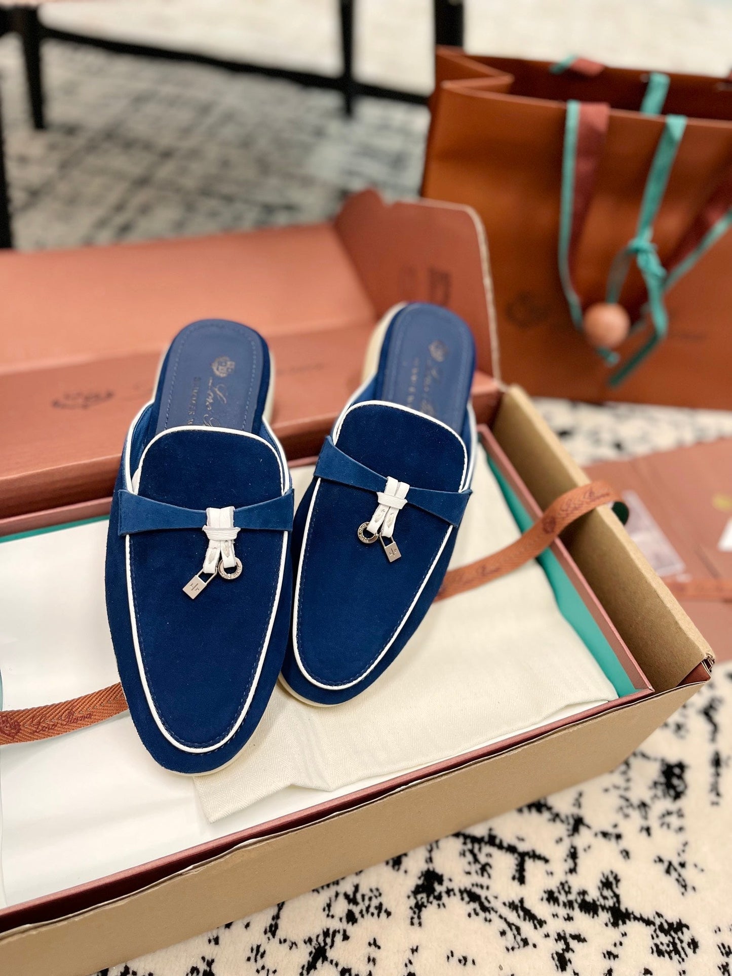 Loro Piana Dark Blue White Suede Charms Walk Flat Mules - 35