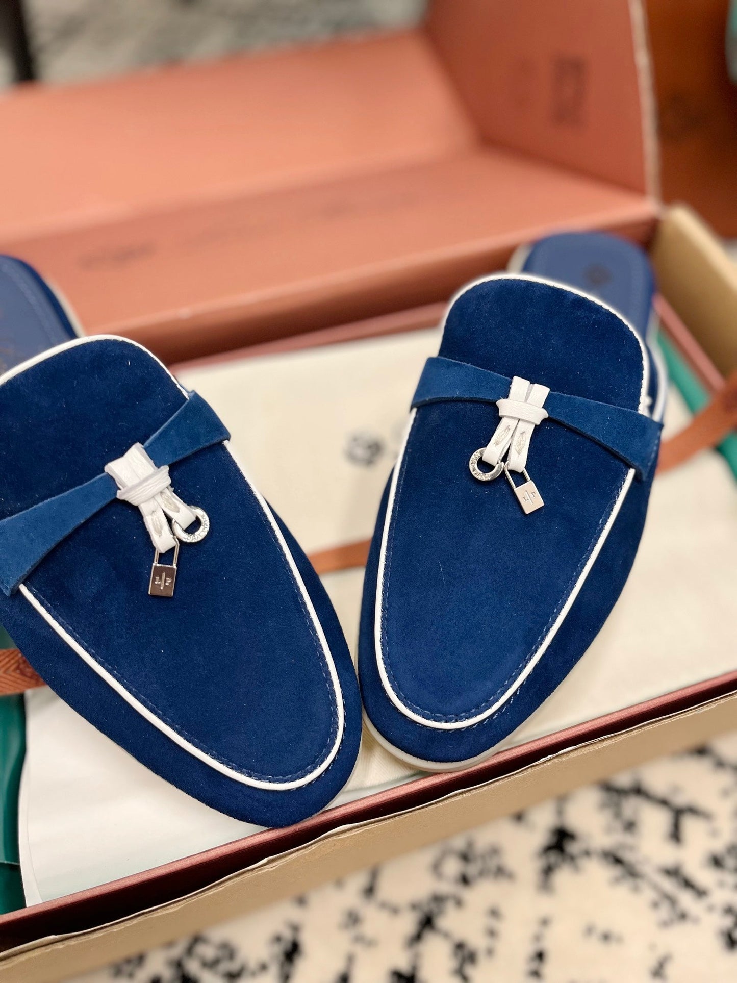 Loro Piana Dark Blue White Suede Charms Walk Flat Mules - 35