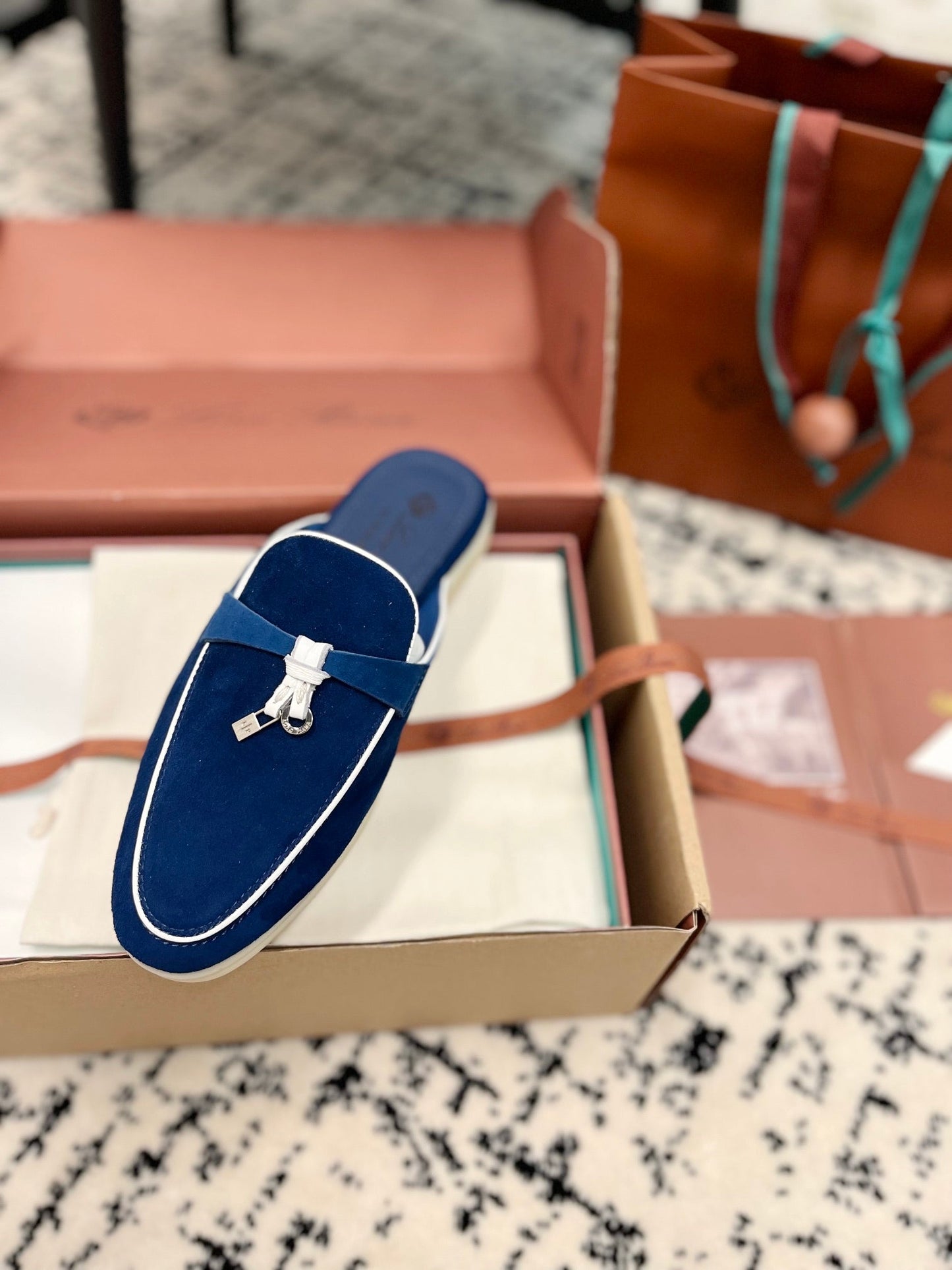 Loro Piana Dark Blue White Suede Charms Walk Flat Mules - 35