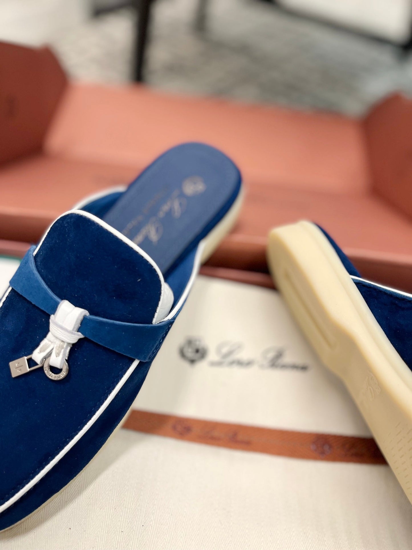 Loro Piana Dark Blue White Suede Charms Walk Flat Mules - 35