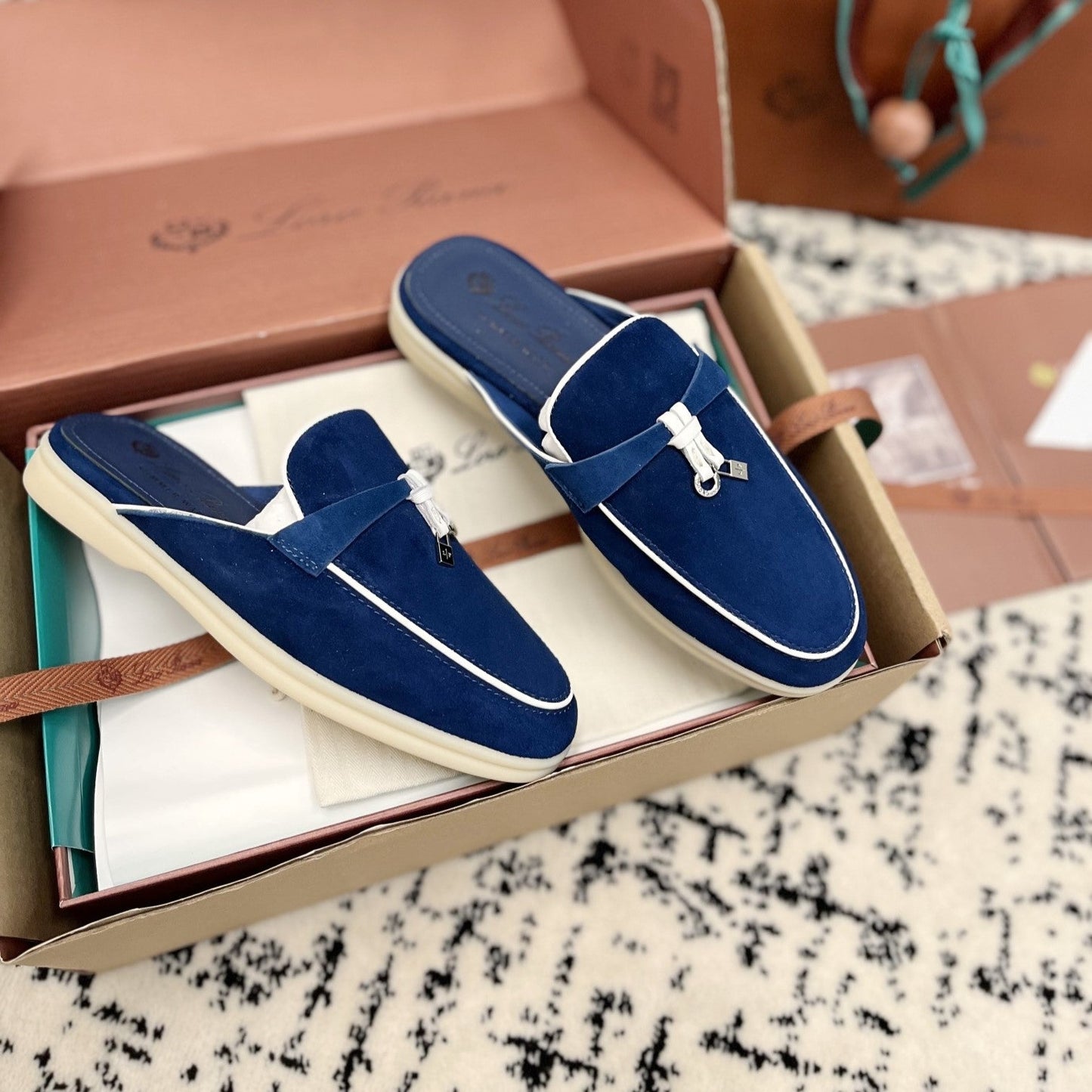 Loro Piana Dark Blue White Suede Charms Walk Flat Mules - 35