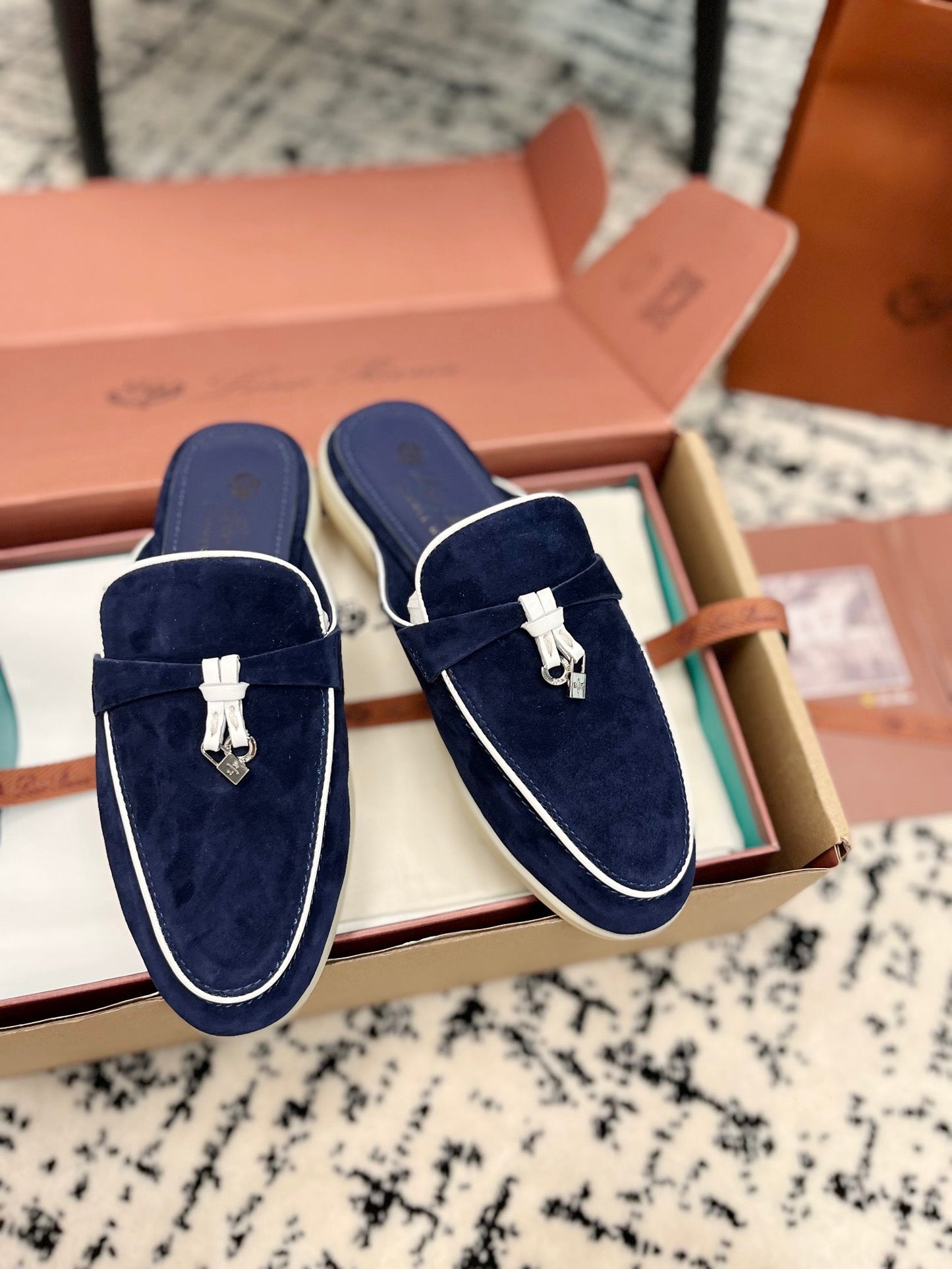 Loro Piana Navy White Suede Charms Walk Flat Mules - 35
