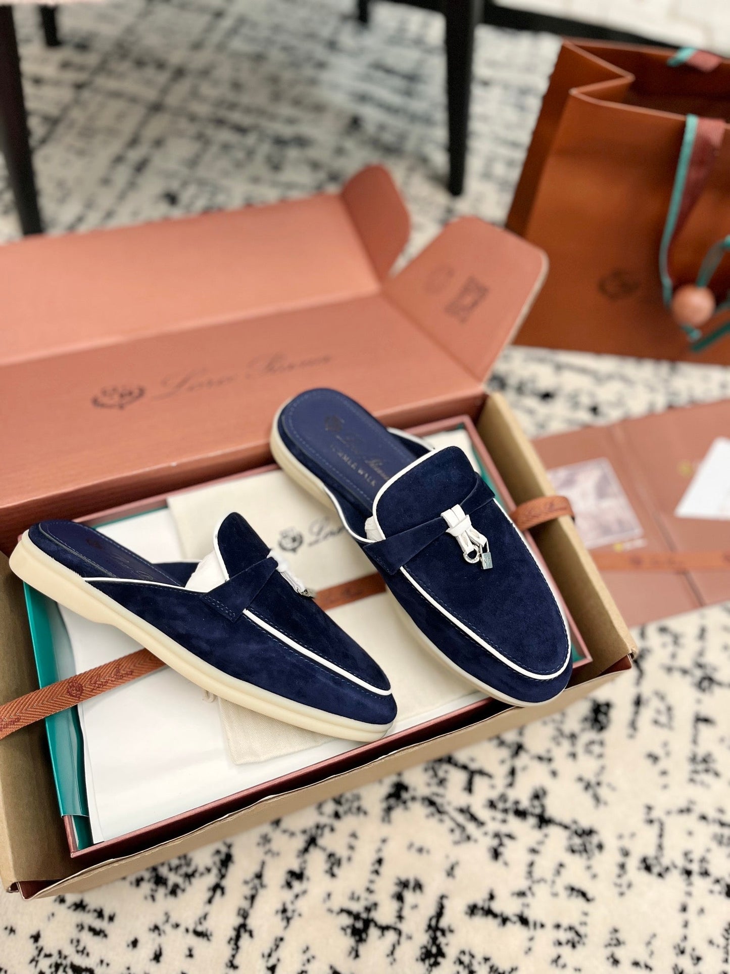 Loro Piana Navy White Suede Charms Walk Flat Mules - 35