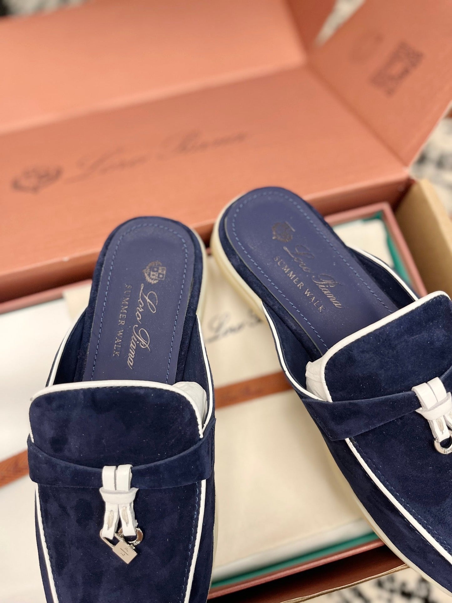 Loro Piana Navy White Suede Charms Walk Flat Mules - 35