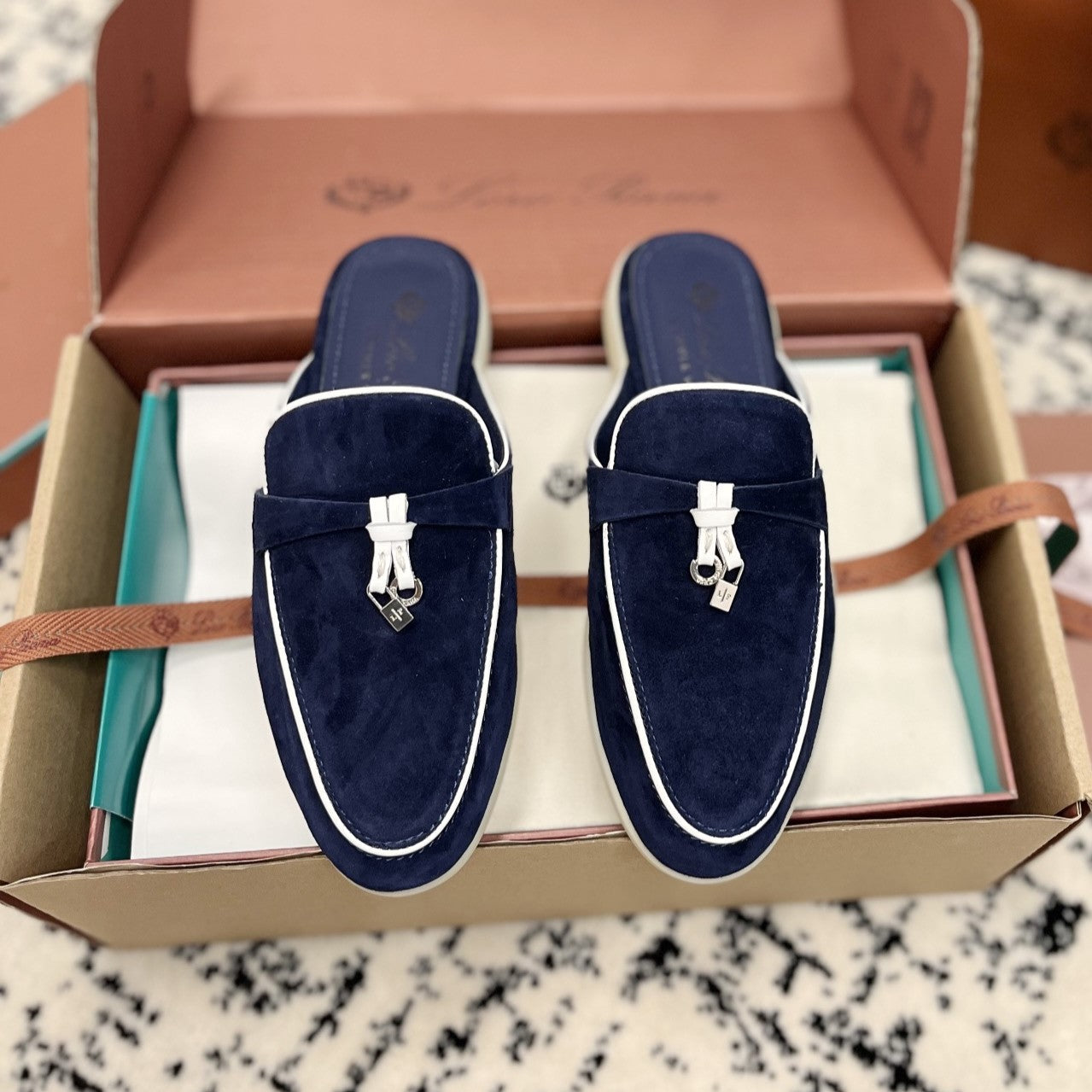 Loro Piana Navy White Suede Charms Walk Flat Mules - 35