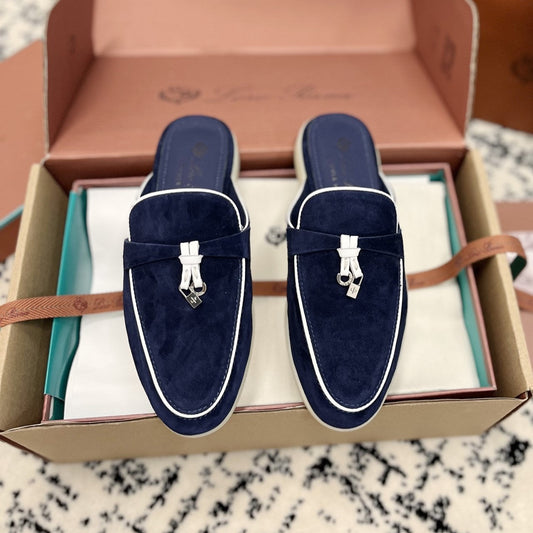 Loro Piana Navy White Suede Charms Walk Flat Mules - 35