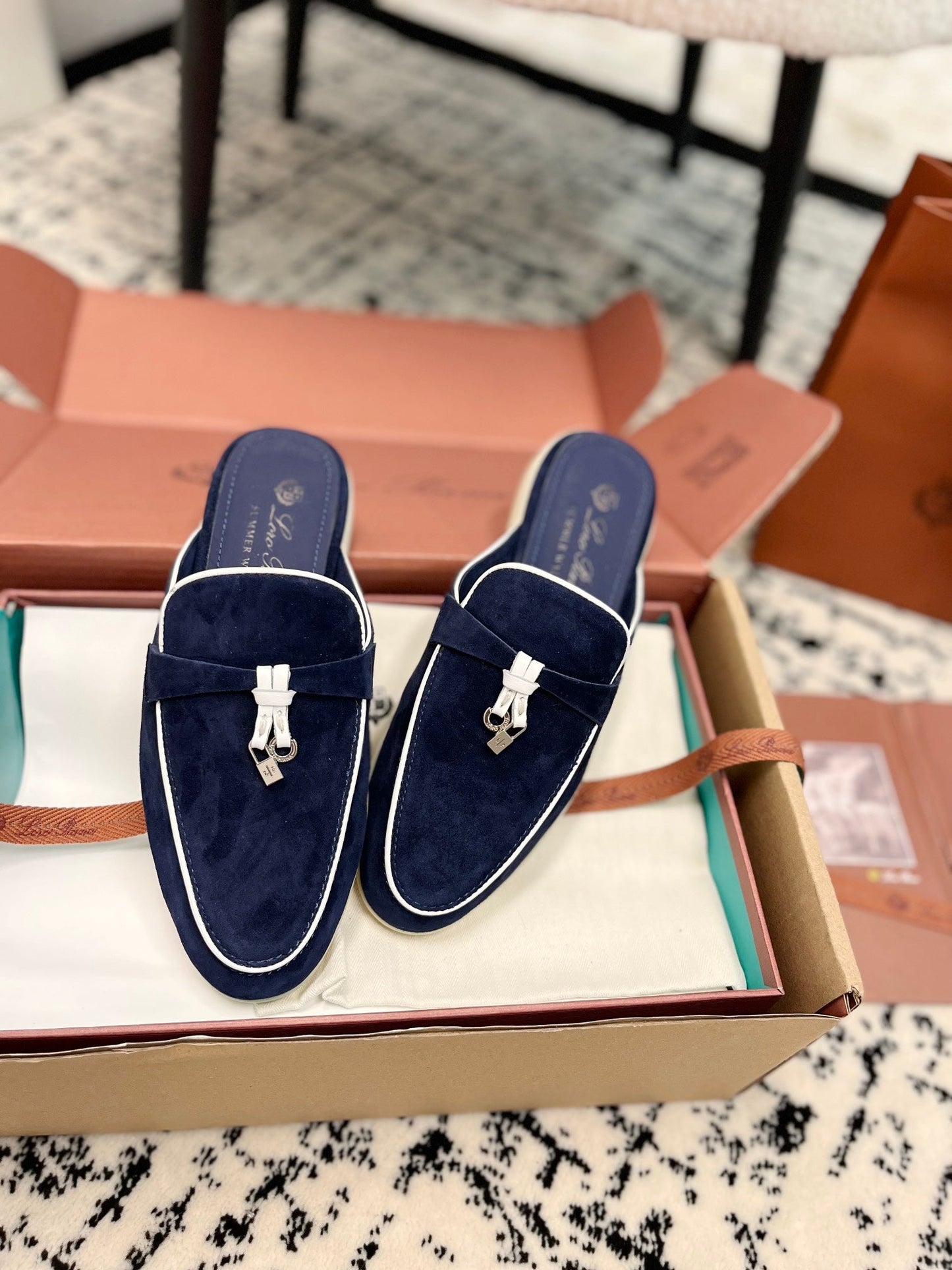 Loro Piana Navy White Suede Charms Walk Flat Mules - 35