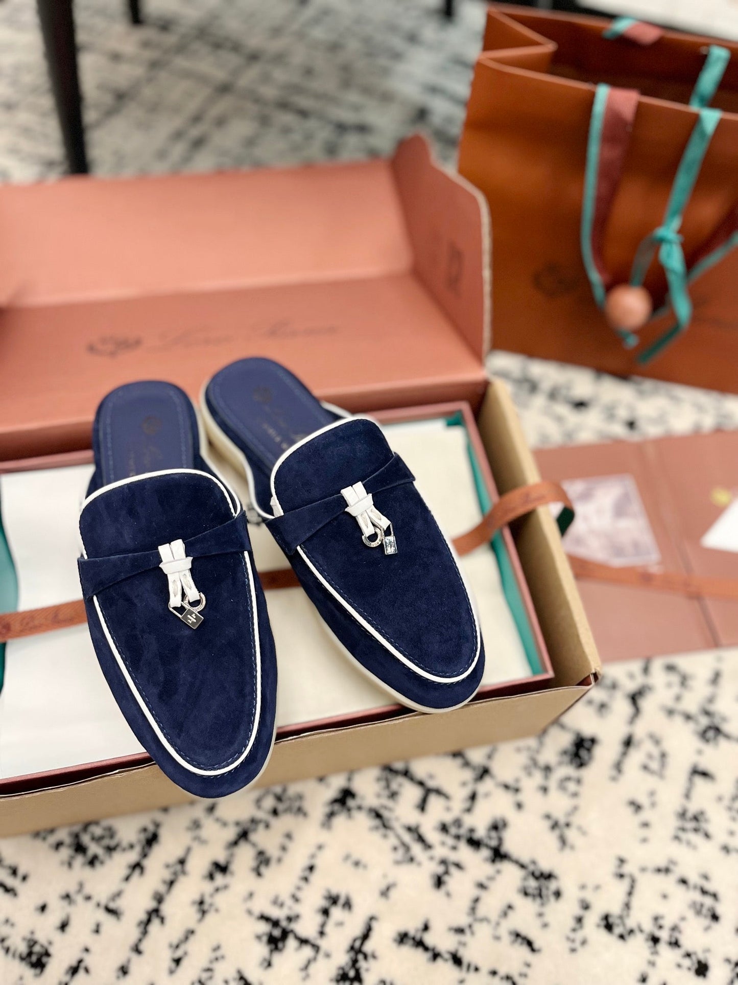 Loro Piana Navy White Suede Charms Walk Flat Mules - 35