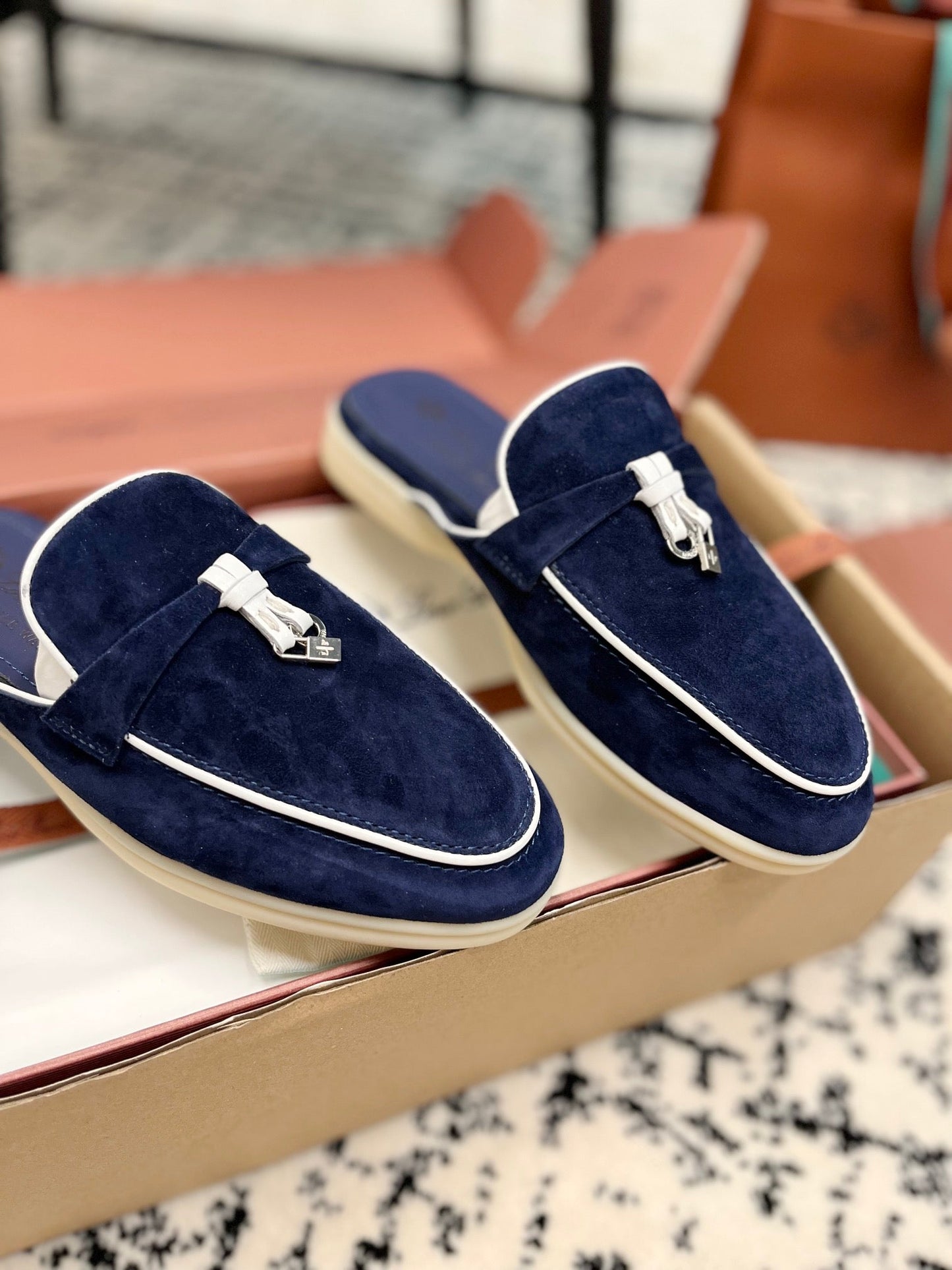 Loro Piana Navy White Suede Charms Walk Flat Mules - 35