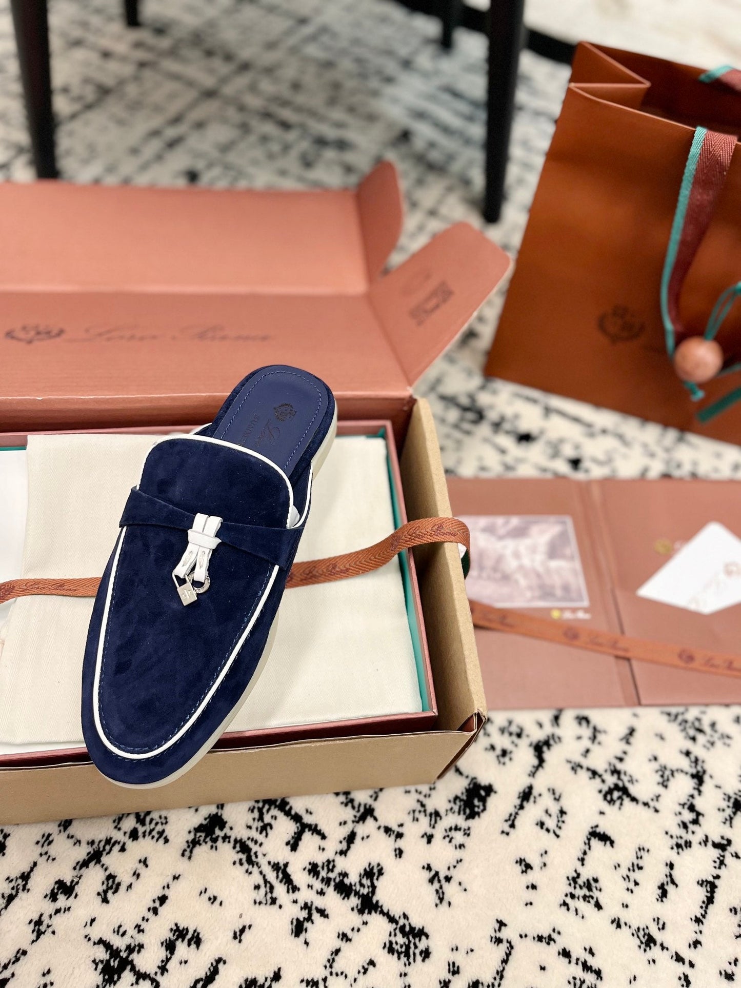 Loro Piana Navy White Suede Charms Walk Flat Mules - 35