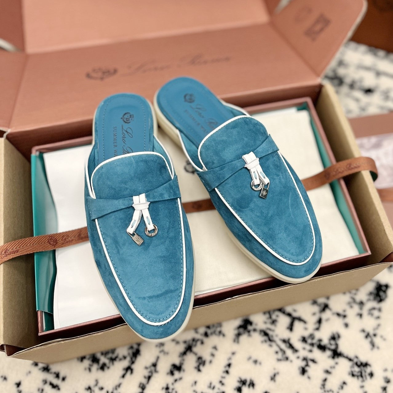 Loro Piana Ocean Blue White Suede Charms Walk Flat Mules - 35