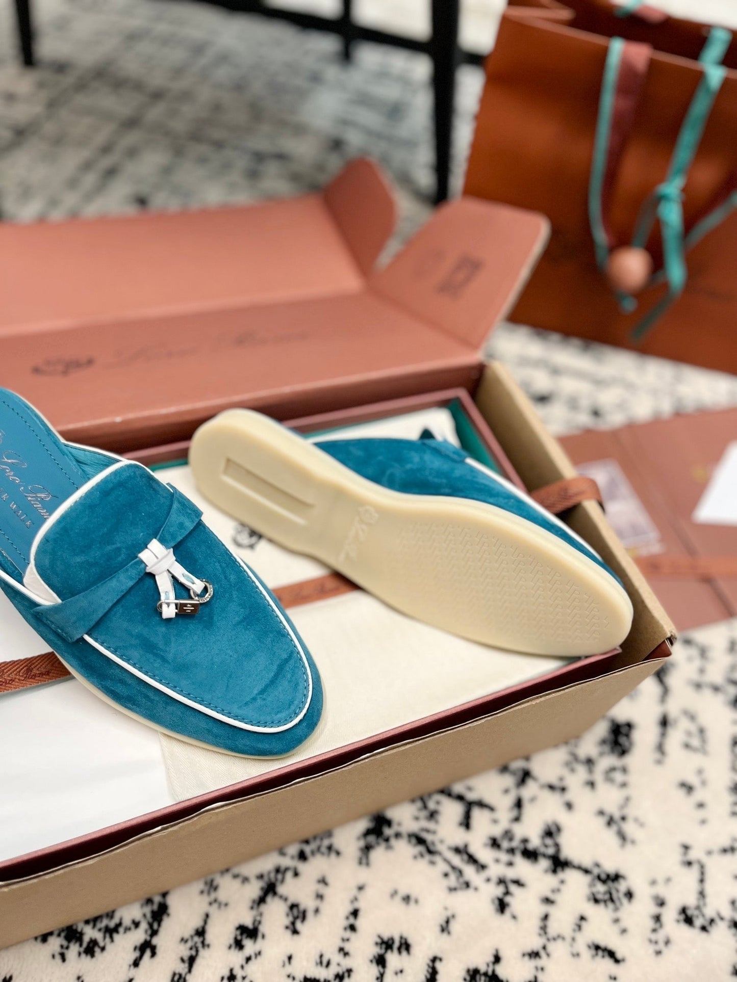 Loro Piana Ocean Blue White Suede Charms Walk Flat Mules - 35