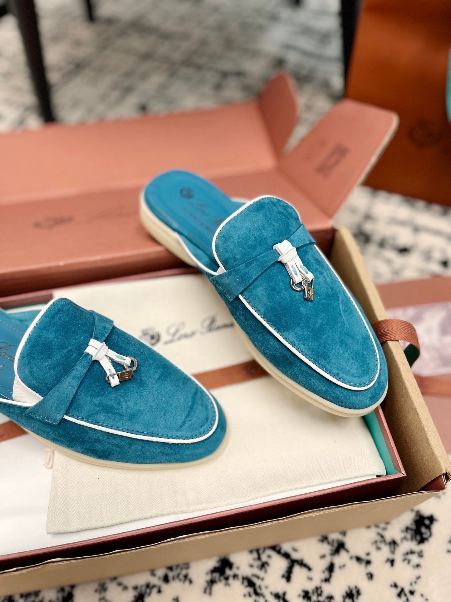 Loro Piana Ocean Blue White Suede Charms Walk Flat Mules - 35