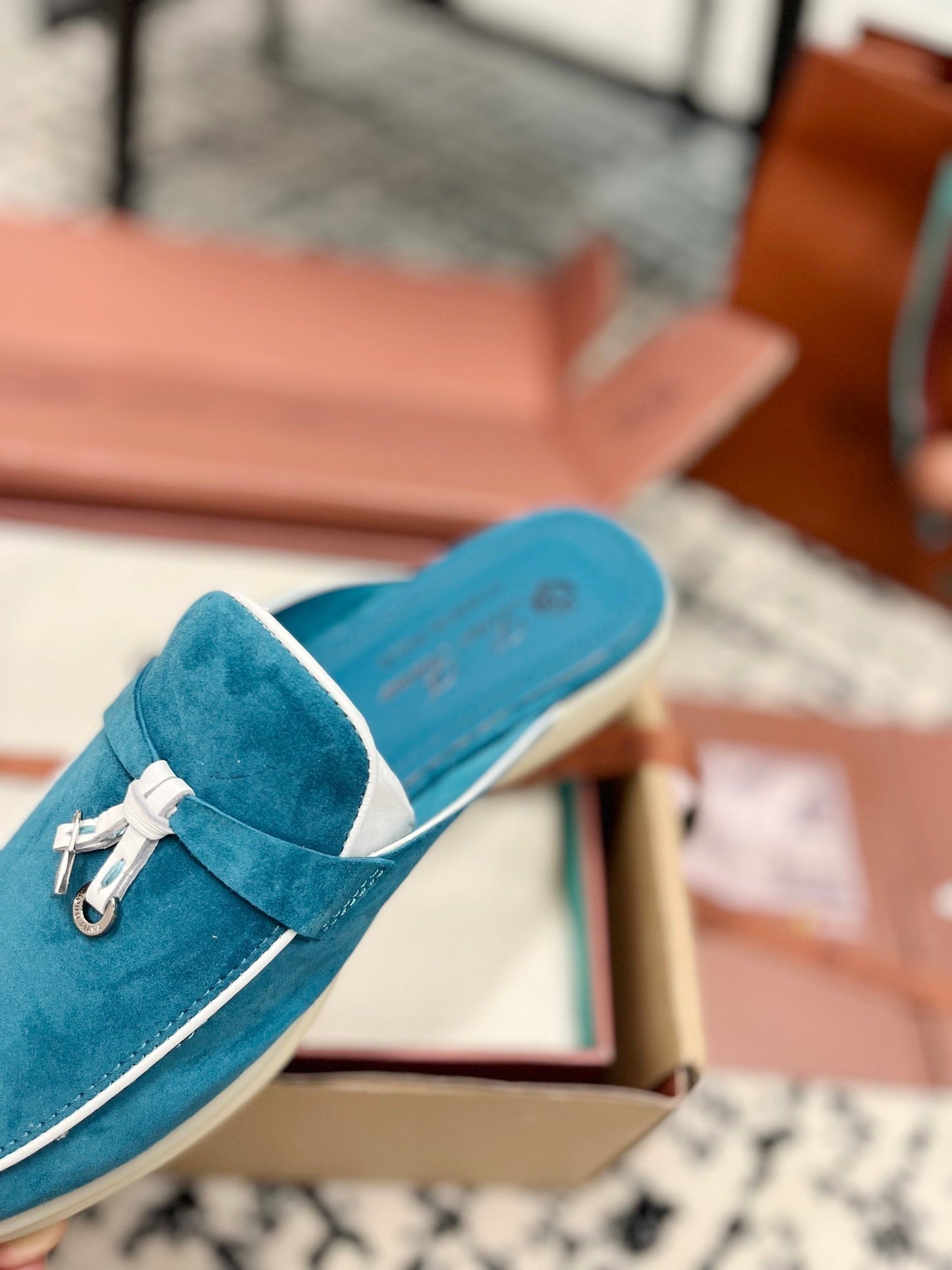 Loro Piana Ocean Blue White Suede Charms Walk Flat Mules - 35