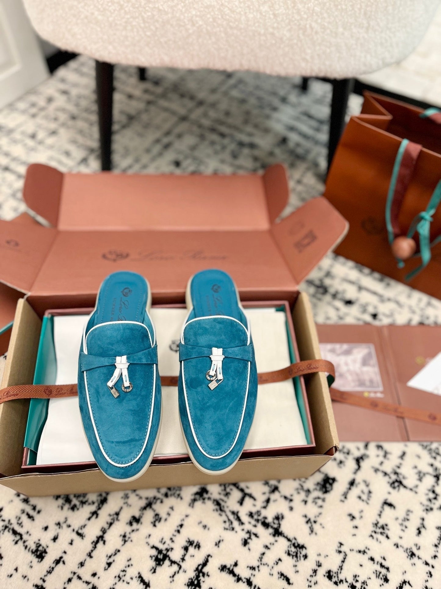 Loro Piana Ocean Blue White Suede Charms Walk Flat Mules - 35