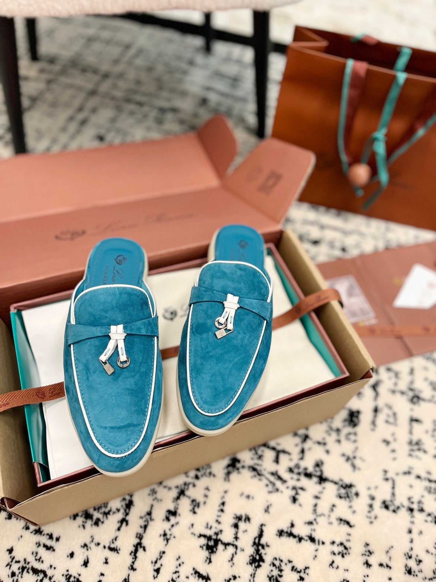 Loro Piana Ocean Blue White Suede Charms Walk Flat Mules - 35