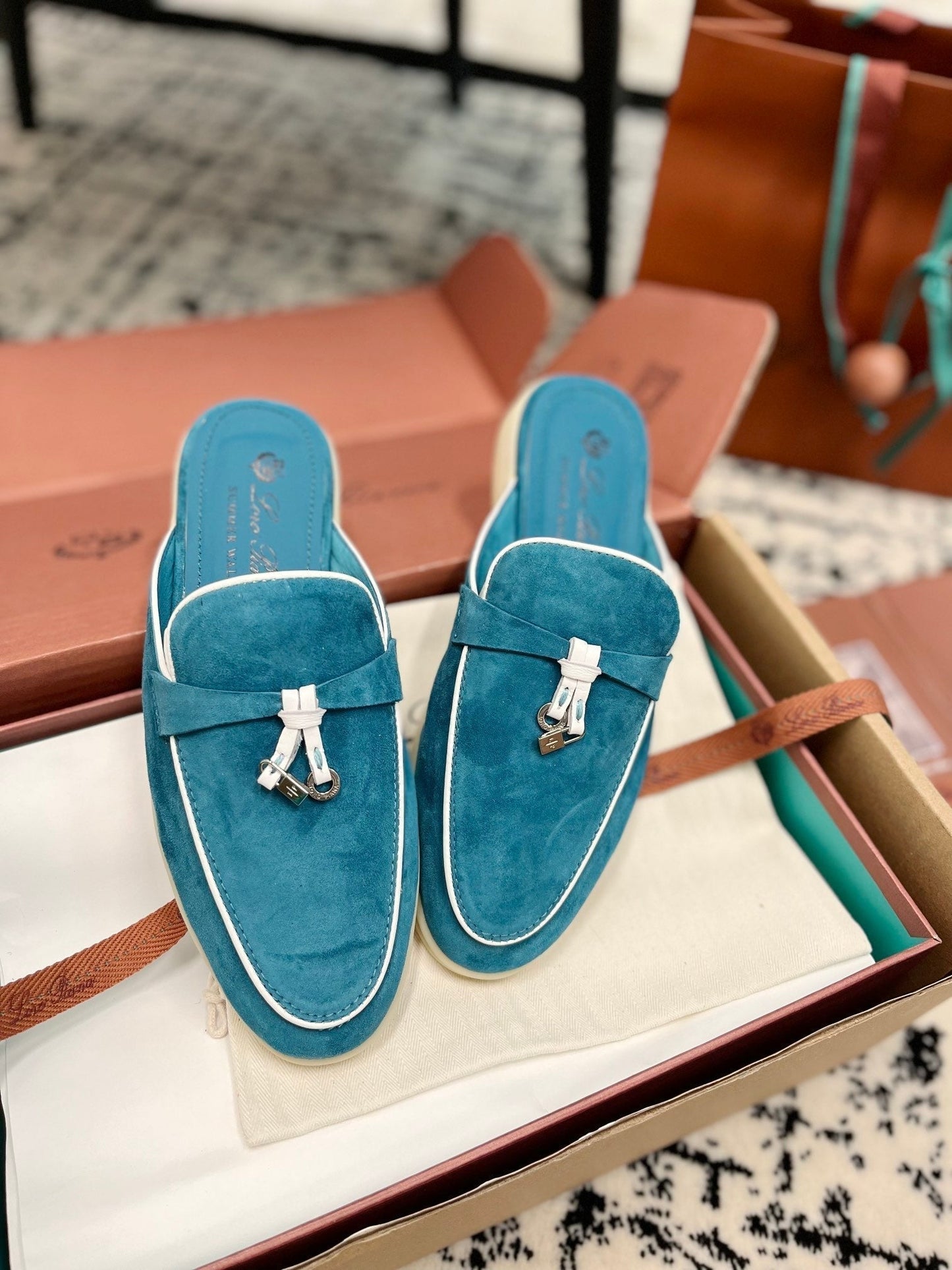 Loro Piana Ocean Blue White Suede Charms Walk Flat Mules - 35
