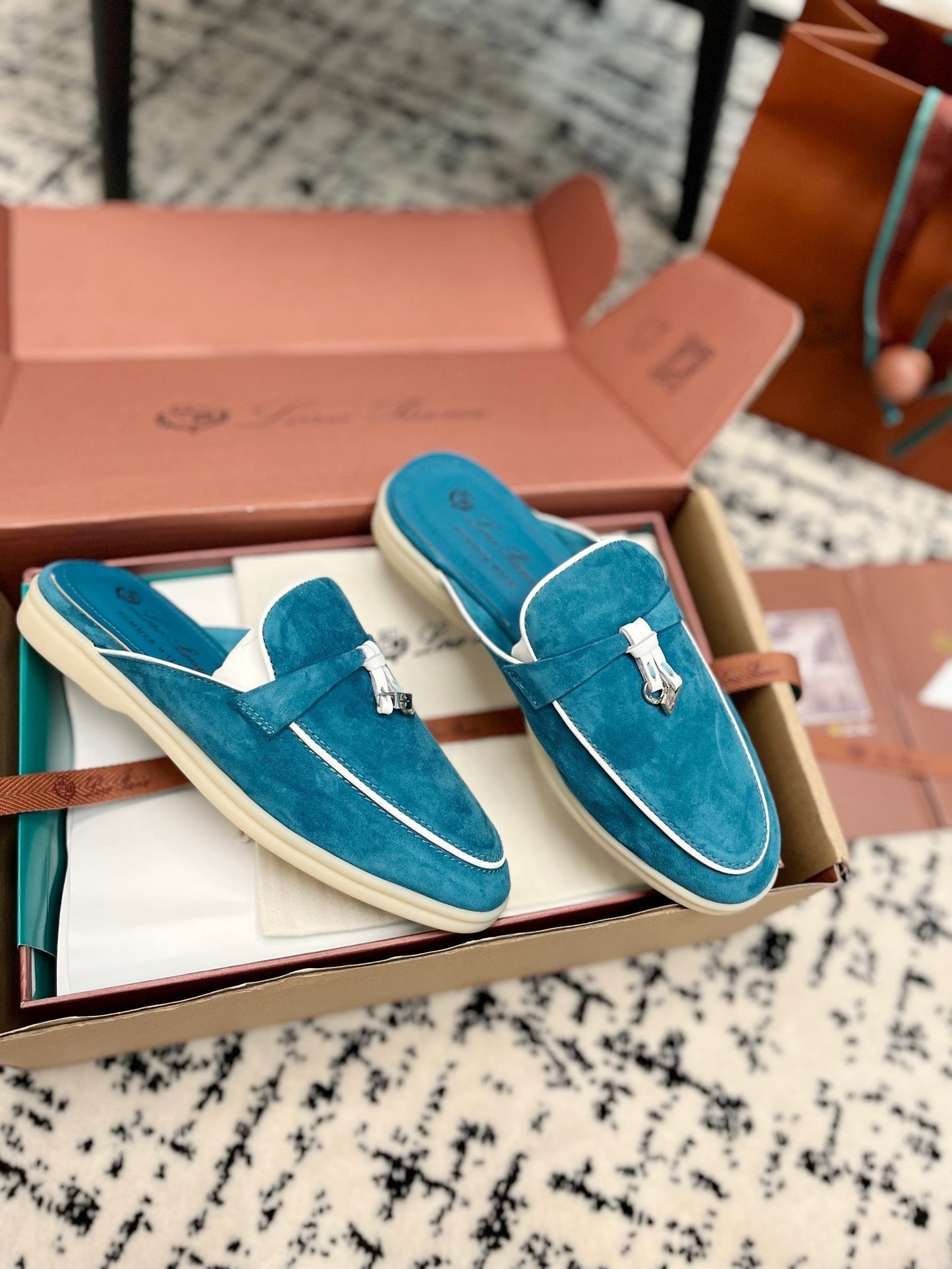Loro Piana Ocean Blue White Suede Charms Walk Flat Mules - 35