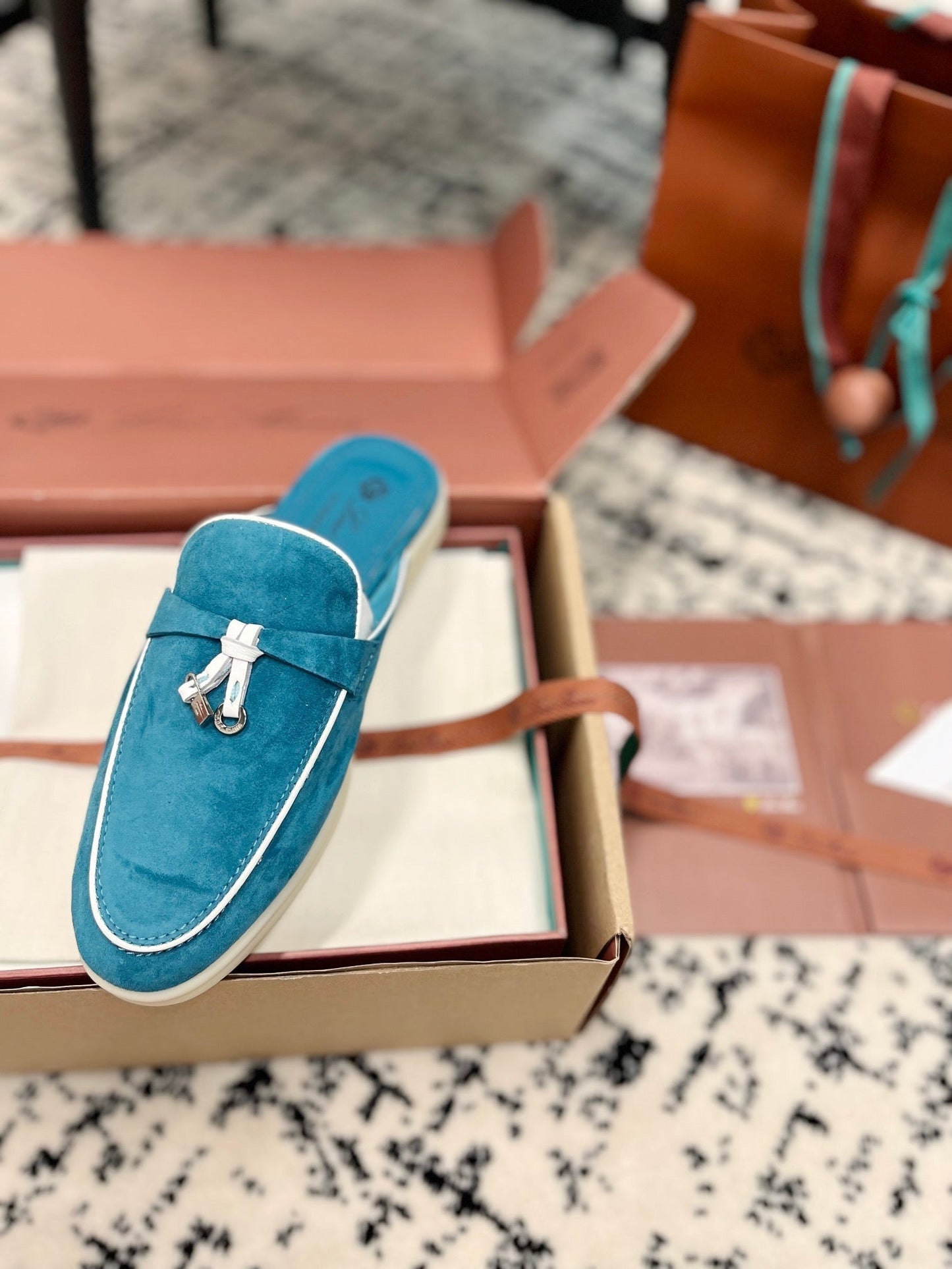 Loro Piana Ocean Blue White Suede Charms Walk Flat Mules - 35