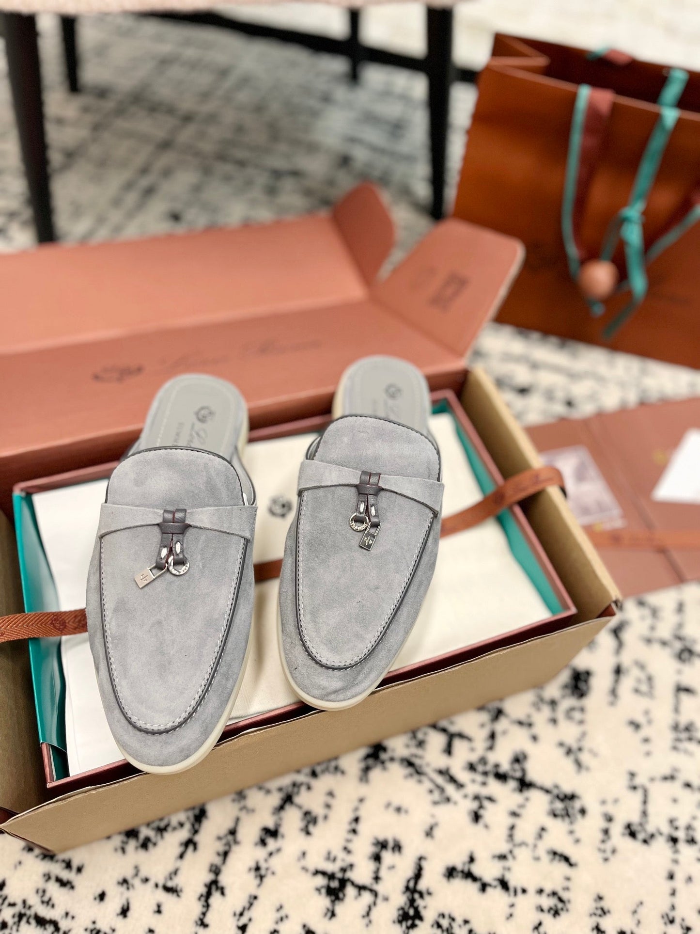 Loro Piana Grey Black Suede Charms Walk Flat Mules - 35