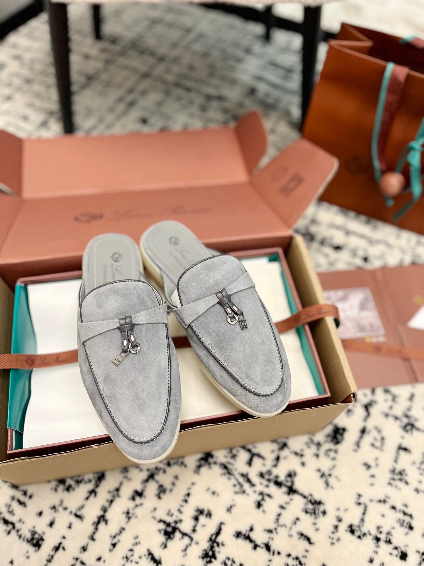 Loro Piana Grey Black Suede Charms Walk Flat Mules - 35