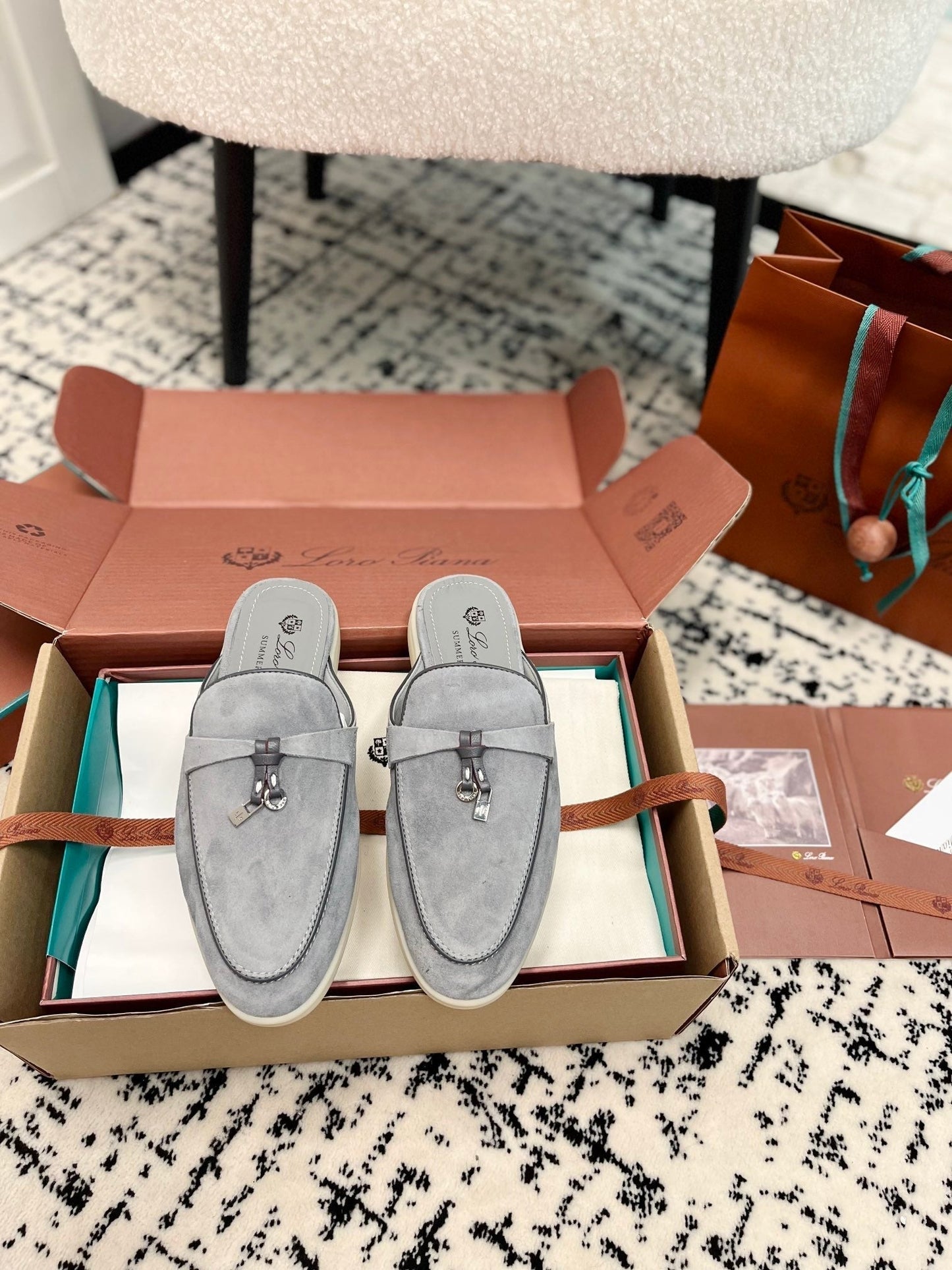 Loro Piana Grey Black Suede Charms Walk Flat Mules - 35