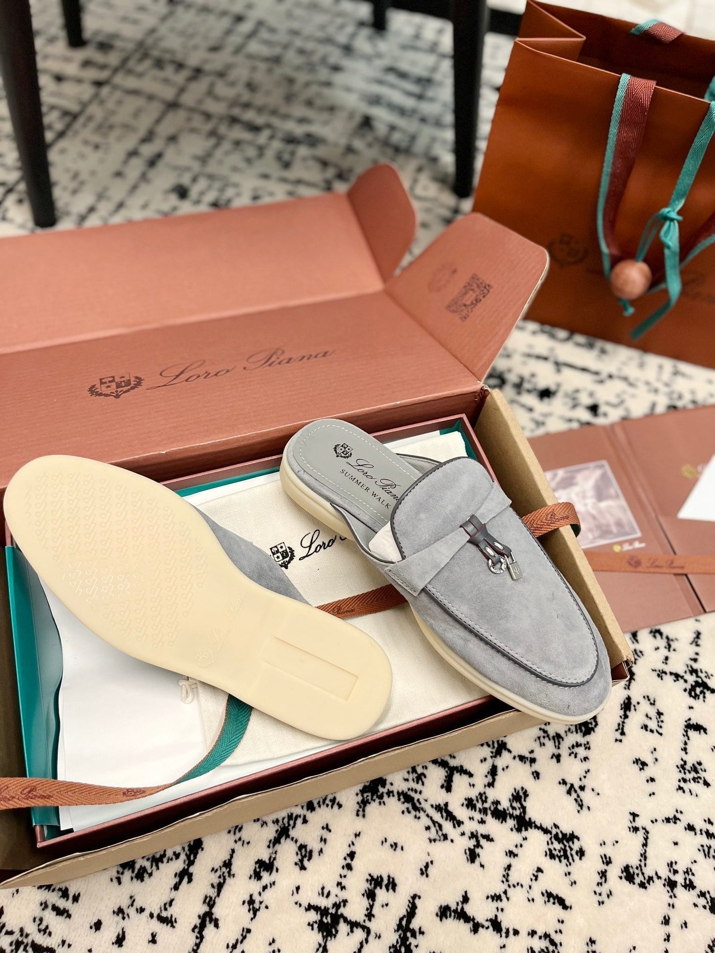 Loro Piana Grey Black Suede Charms Walk Flat Mules - 35