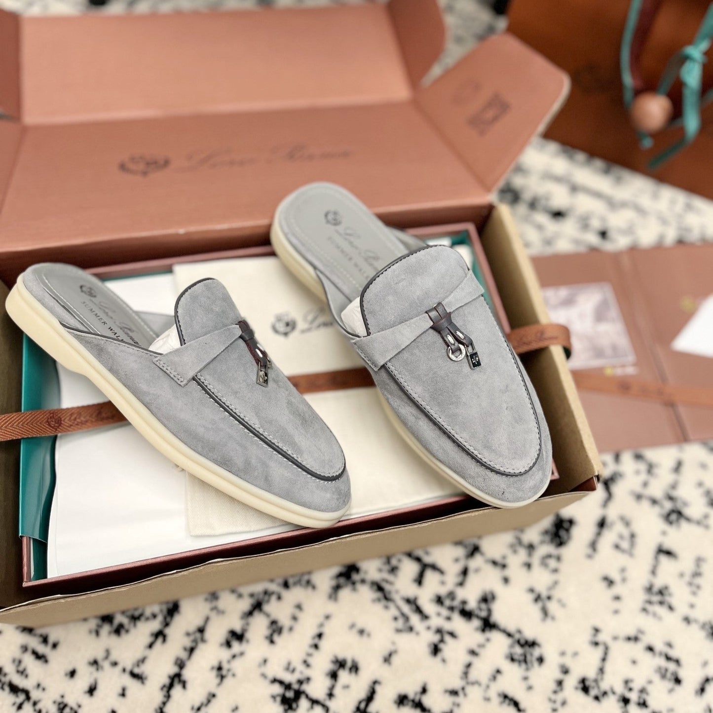 Loro Piana Grey Black Suede Charms Walk Flat Mules - 35